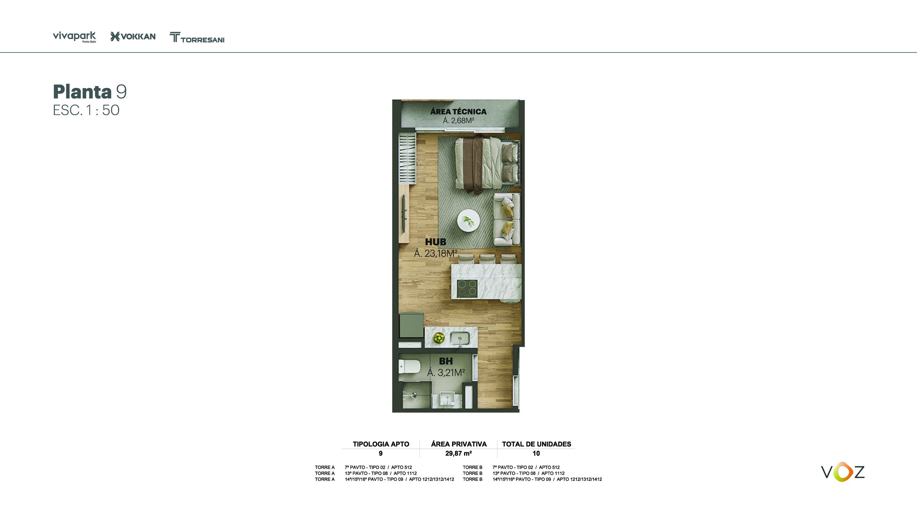 Planta 9 · 29,87 m² · A e B: 512, 1112, 1212/1312/1412 · Voz · Vivapark Porto Belo