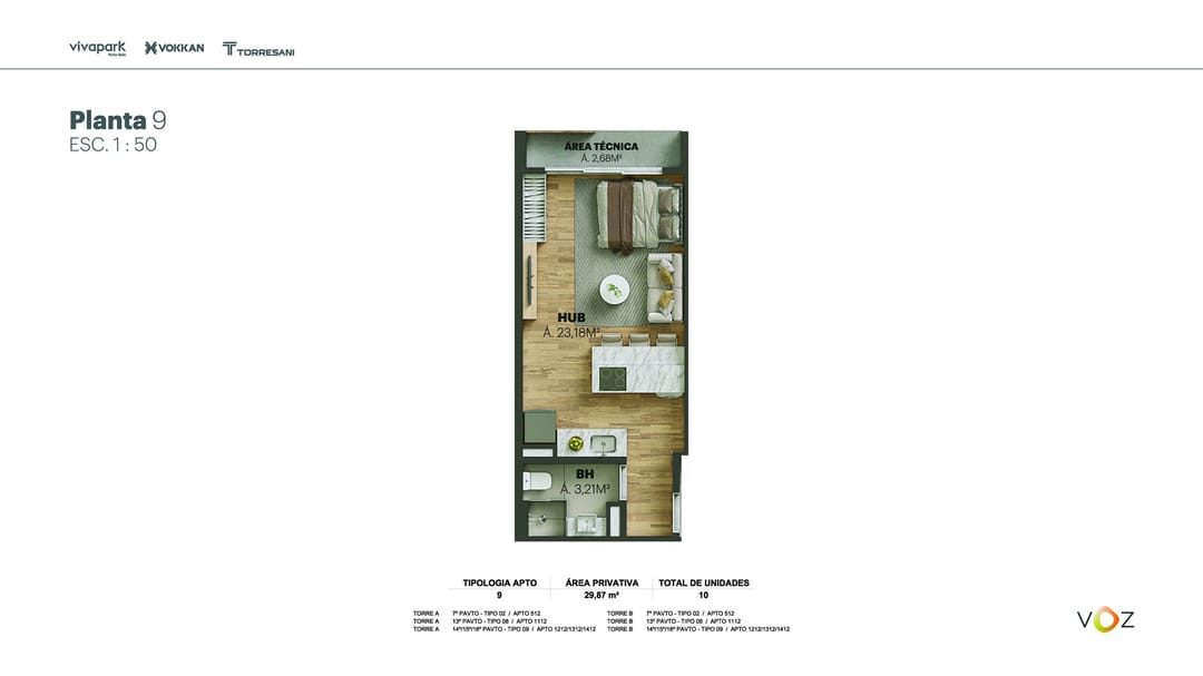 Planta 9 · 29,87 m² · A e B: 512, 1112, 1212/1312/1412 · Voz · Vivapark Porto Belo