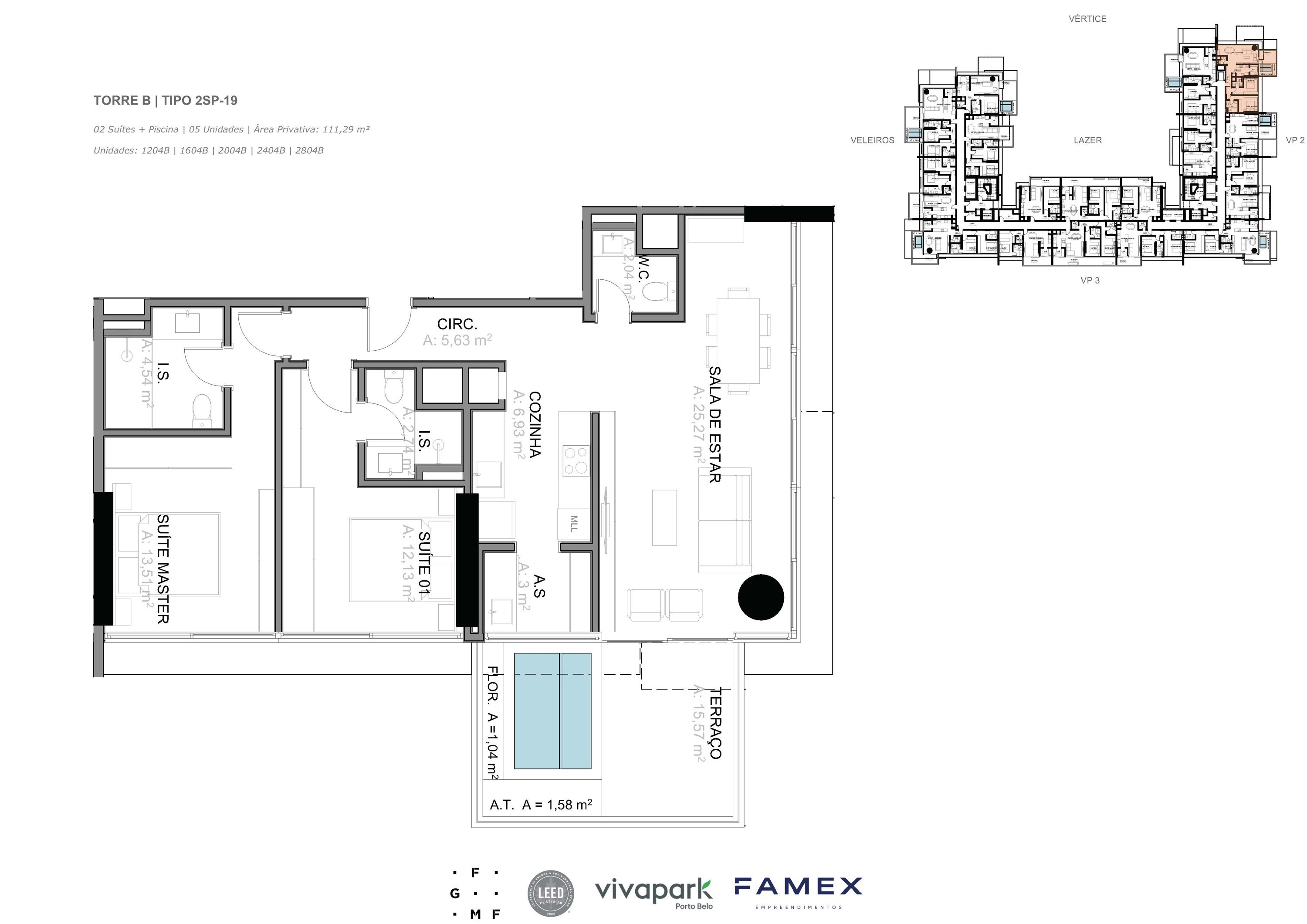Torre B · Tipo 2SP-19 · 02 Suítes + Piscina · 111,29 m²