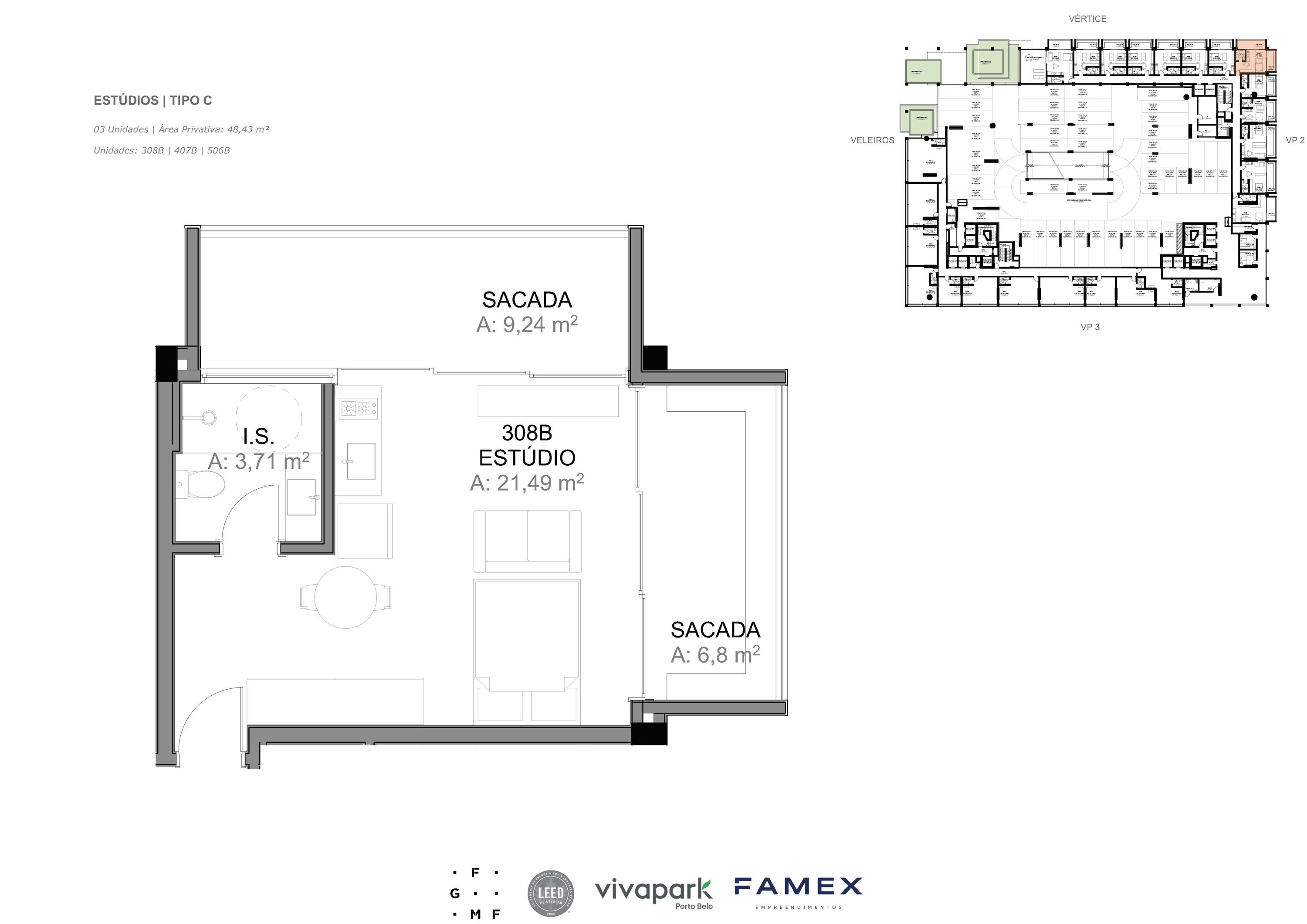 Estúdio · Tipo C · 48,43 m²