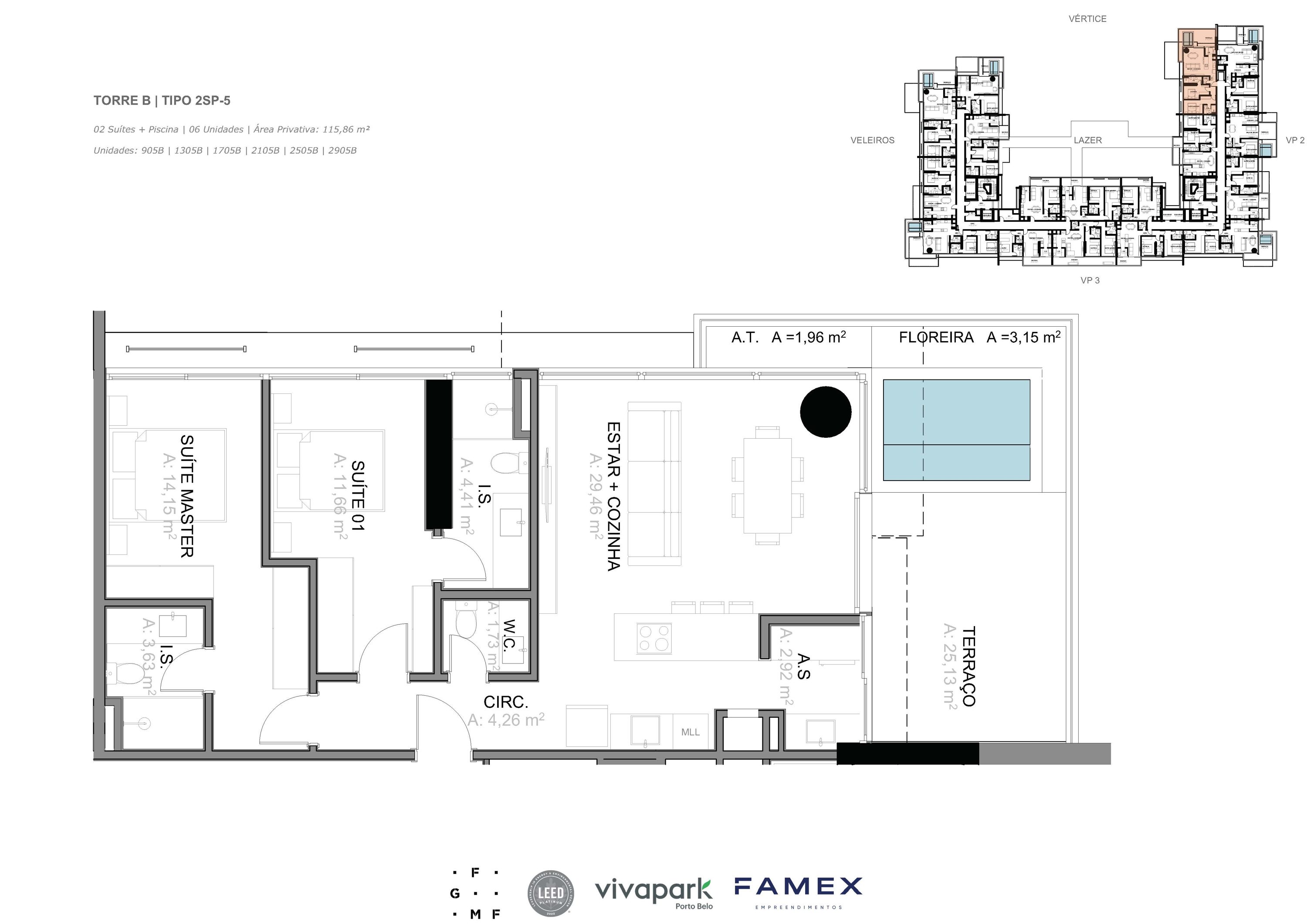 Torre B · Tipo 2SP-5 · 02 Suítes + Piscina · 115,86 m²
