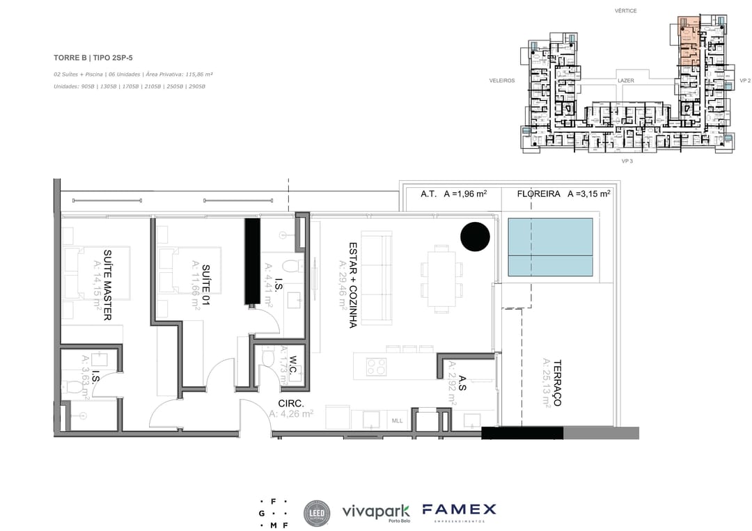 Torre B · Tipo 2SP-5 · 02 Suítes + Piscina · 115,86 m² · VITTA 27 · Vivapark Porto Belo