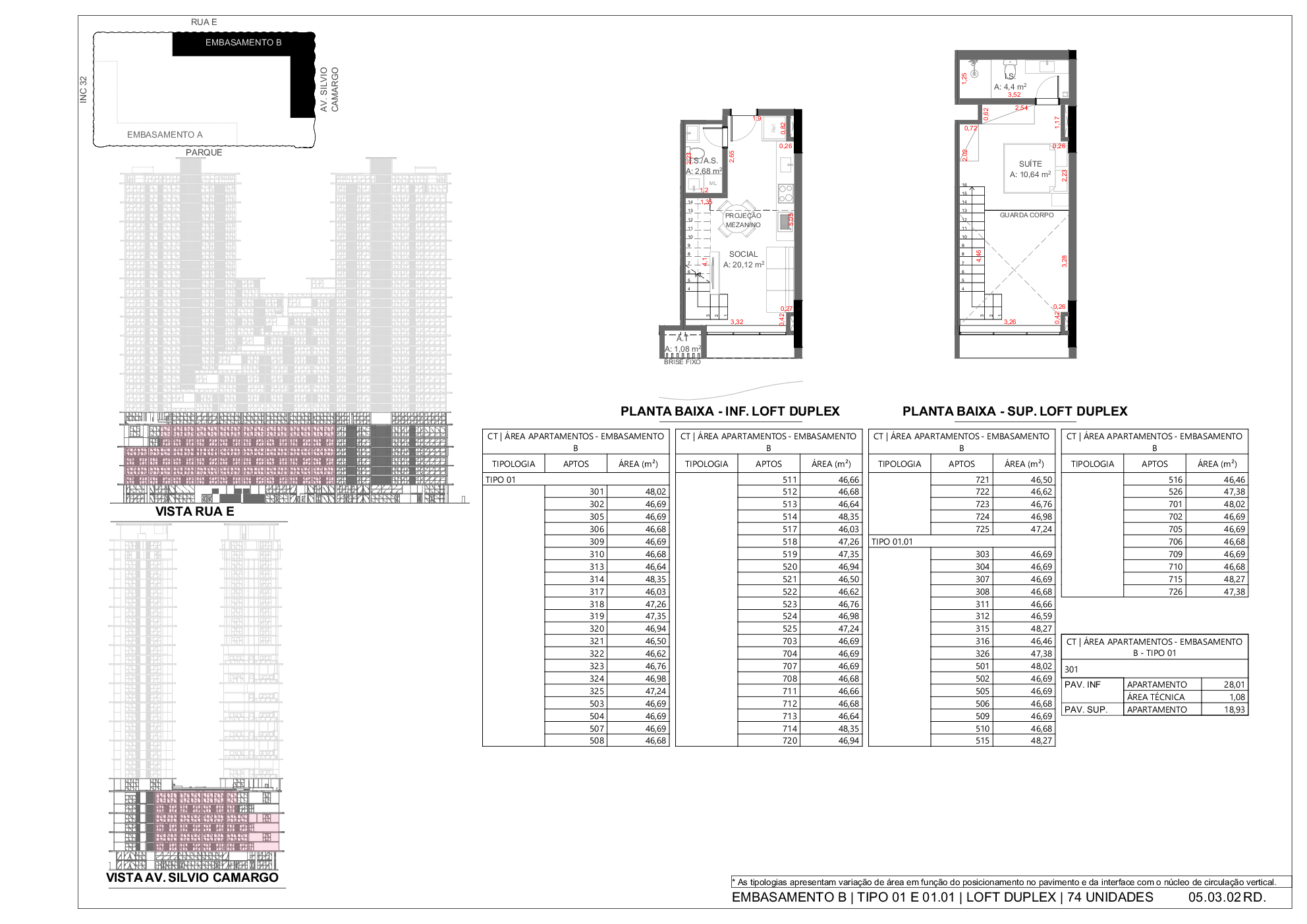 Embasamento B – Tipo 01/01.01 Loft Duplex – planta inferior/superior e áreas · INC 31 · Vivapark Porto Belo