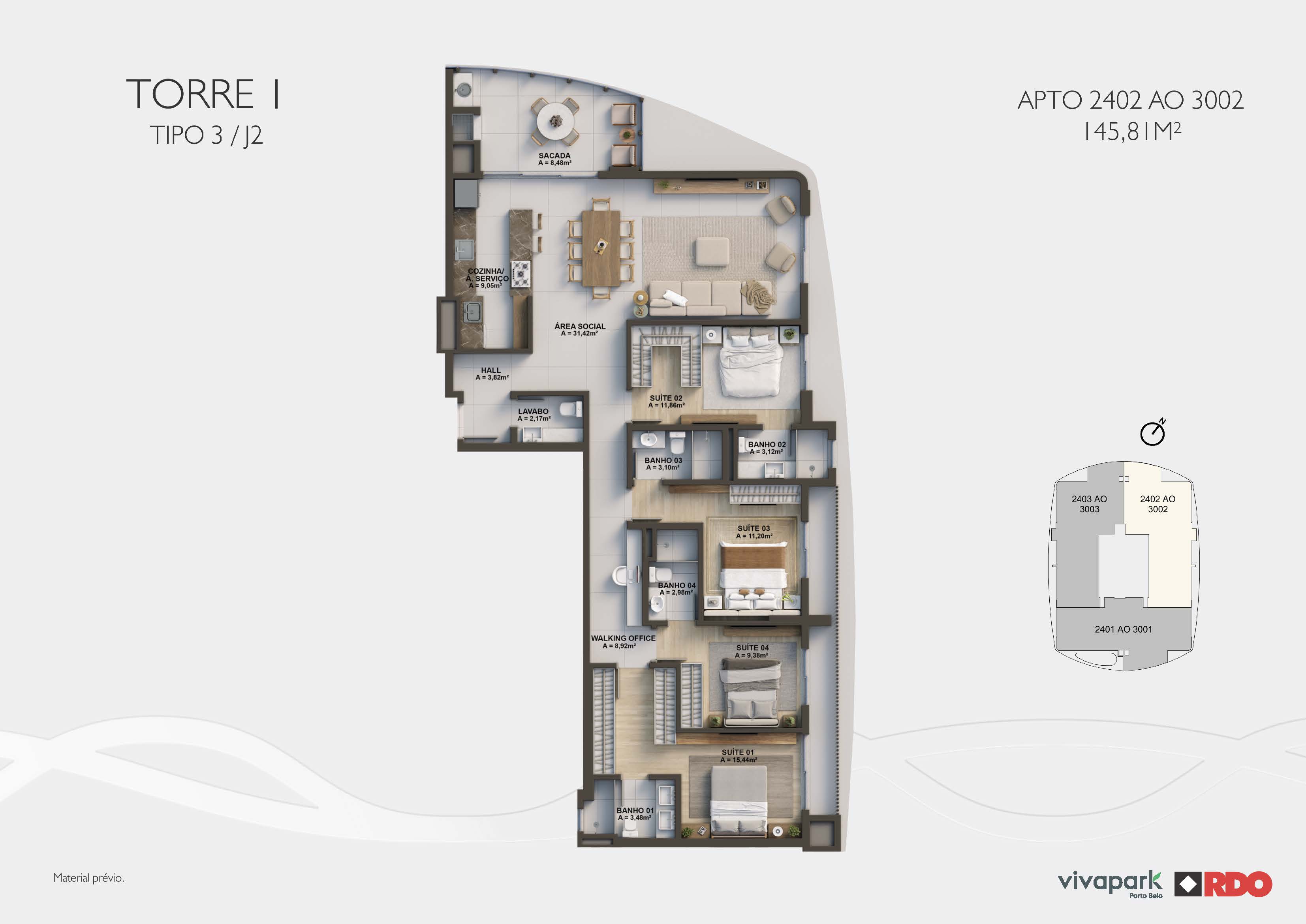 Torre 1 · Tipo 3 J2 · 2402 ao 3002 · 145,81 m²