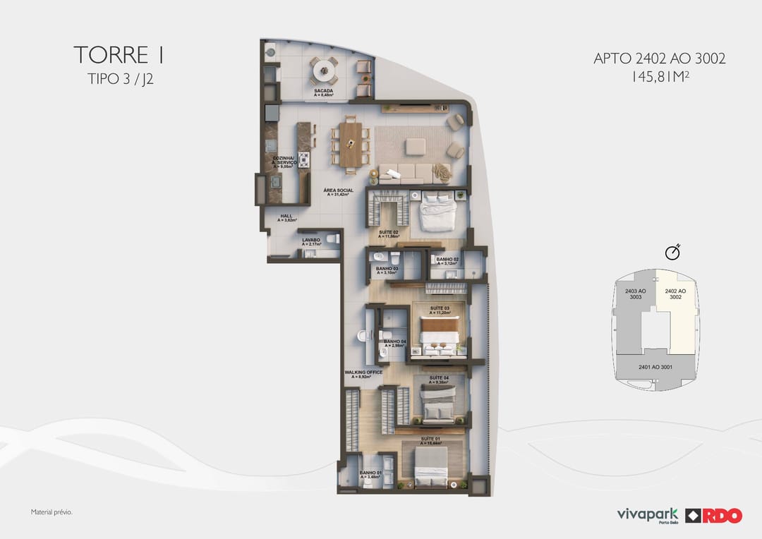 Torre 1 · Tipo 3 J2 · 2402 ao 3002 · 145,81 m² · Valence · Vivapark Porto Belo
