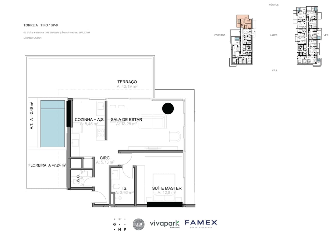 Torre A · Tipo 1SP-9 · 01 Suíte + Piscina · 109,93 m² · VITTA 27 · Vivapark Porto Belo