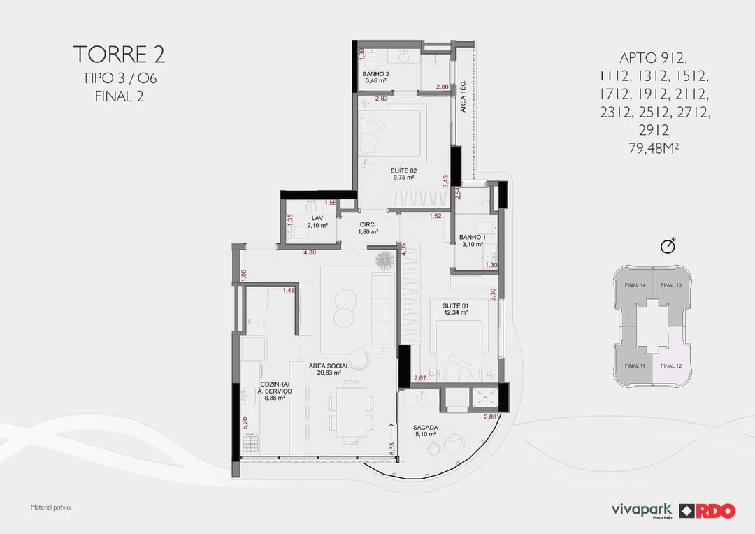 Torre 2 · Tipo 3 O6 · final 2 (andares ímpares) · Valence · Vivapark Porto Belo