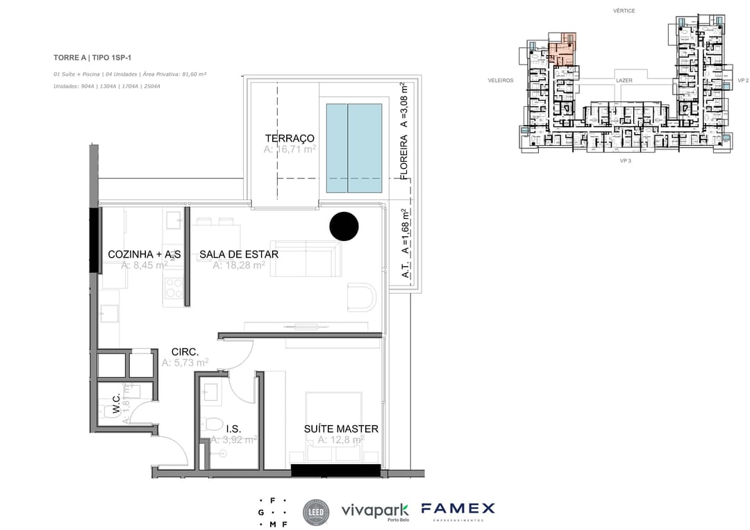 Torre A · Tipo 1SP-1 · 01 Suíte + Piscina · 81,60 m² · VITTA 27 · Vivapark Porto Belo