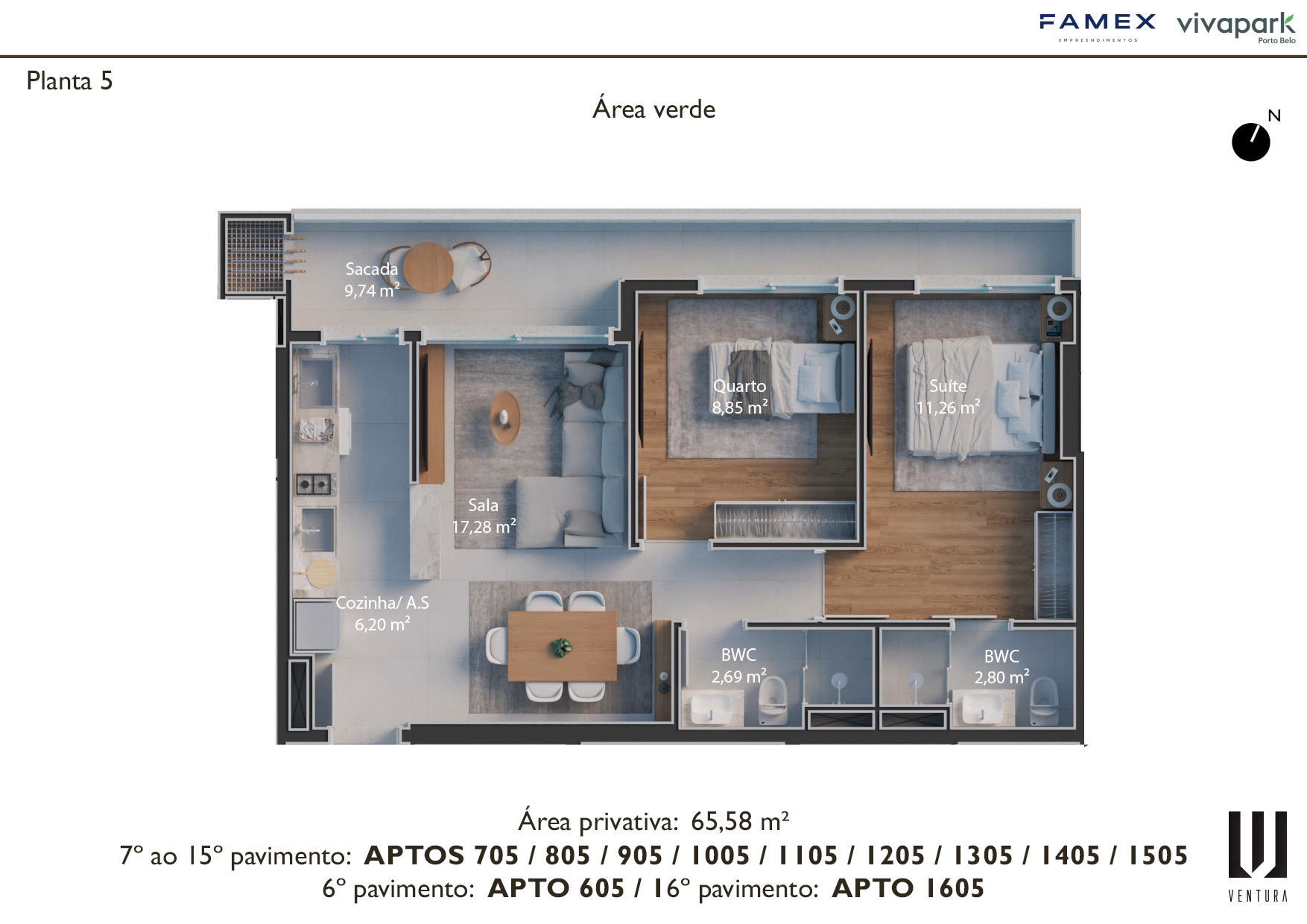 Floor plan 5 · unit endings 05 (605, 705 to 1505, 1605) · 65.58 m² · Ventura · Vivapark Porto Belo
