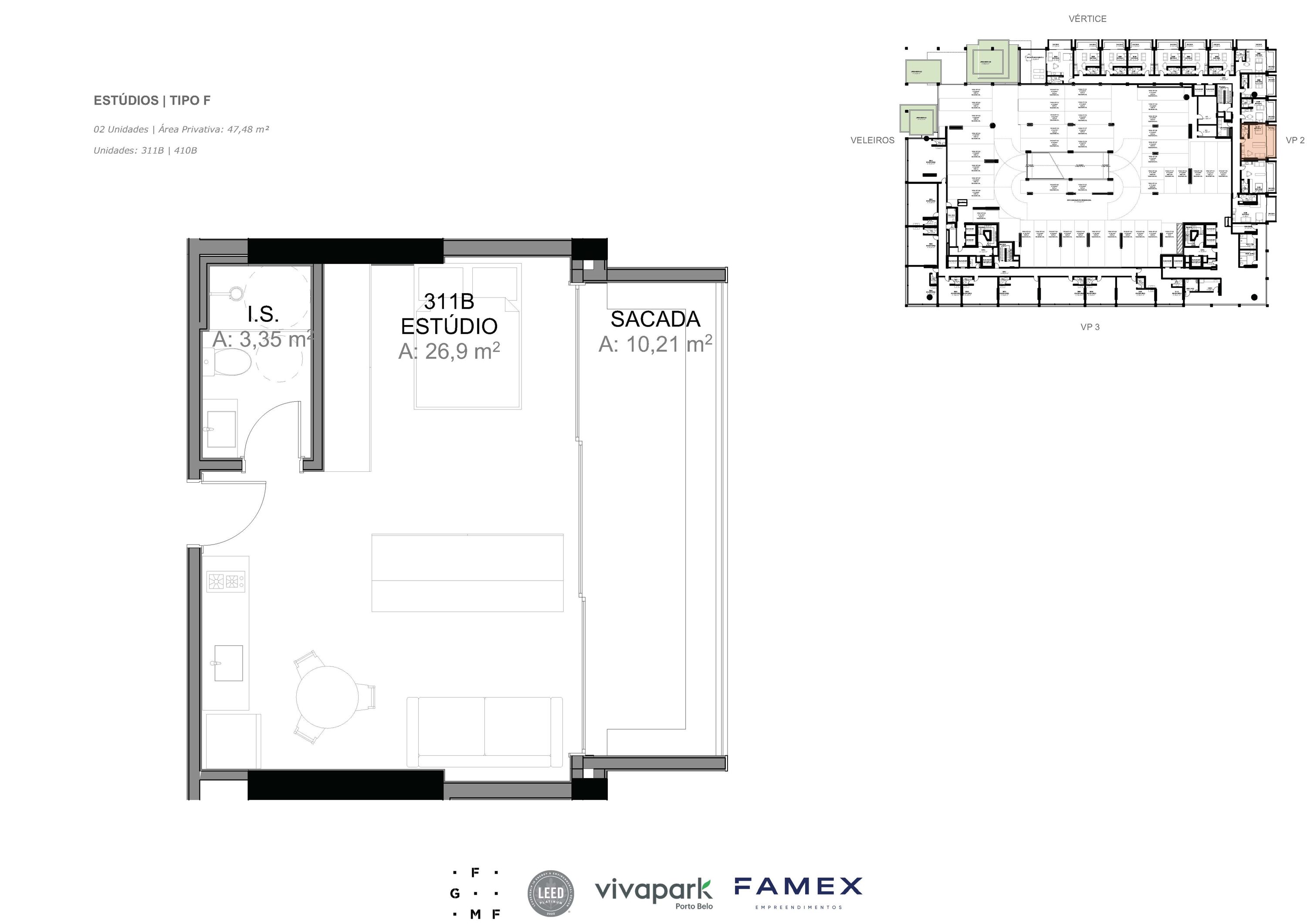 Estúdio · Tipo F · 47,48 m² · VITTA 27 · Vivapark Porto Belo