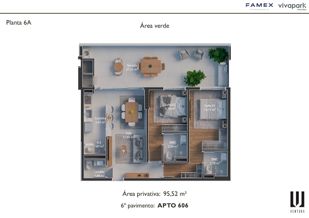 Planta 6A · Apto 606 · 95,52 m² · Ventura · Vivapark Porto Belo