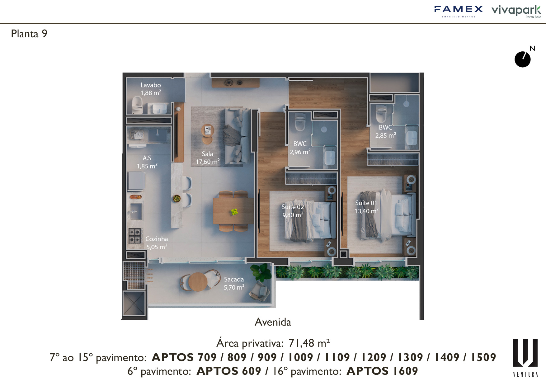 Floor plan 9 · unit endings 09 (609, 709 to 1509, 1609) · 71.48 m² · Ventura · Vivapark Porto Belo