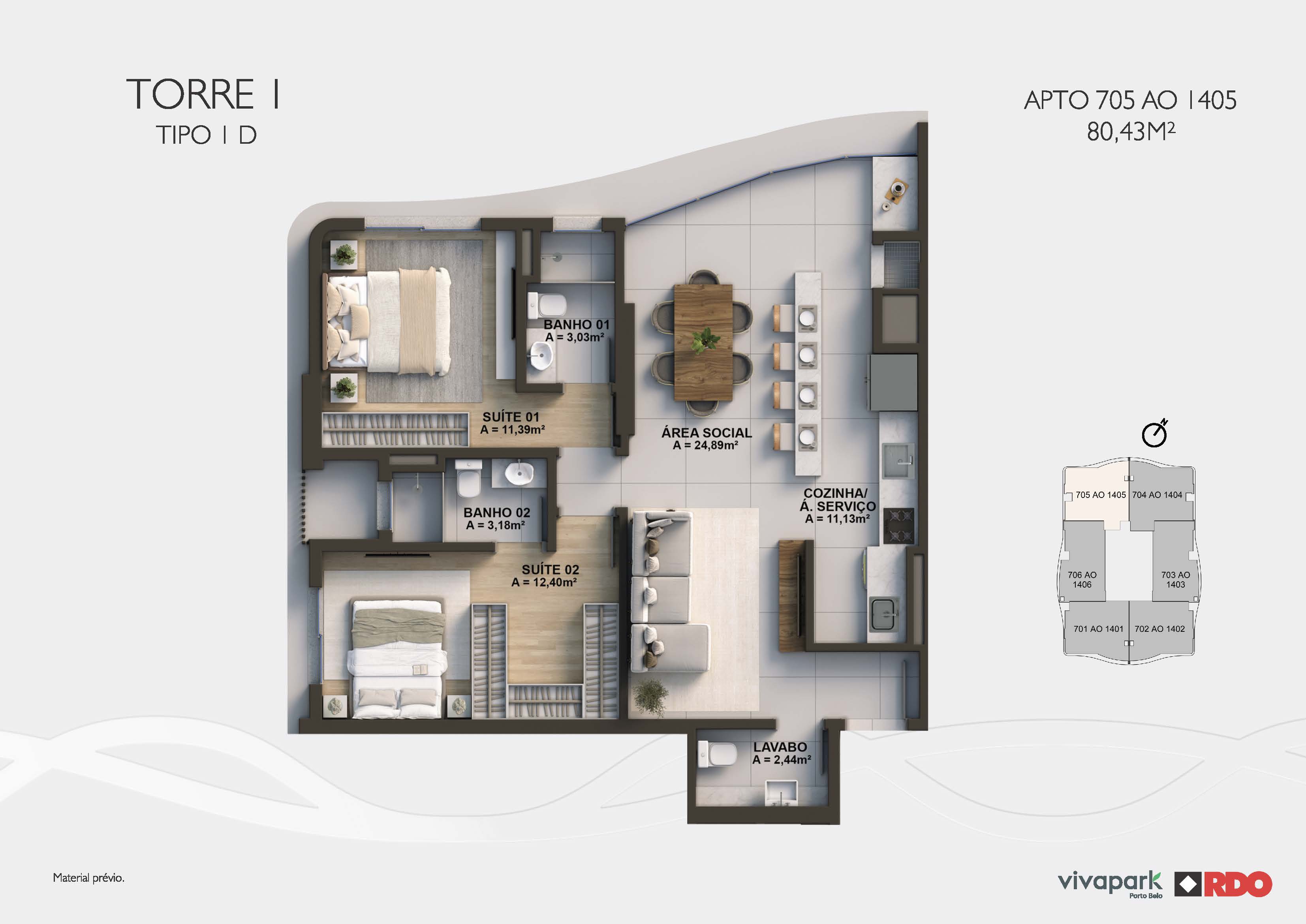 Torre 1 · Tipo 1D · 705 ao 1405 · 80,43 m²