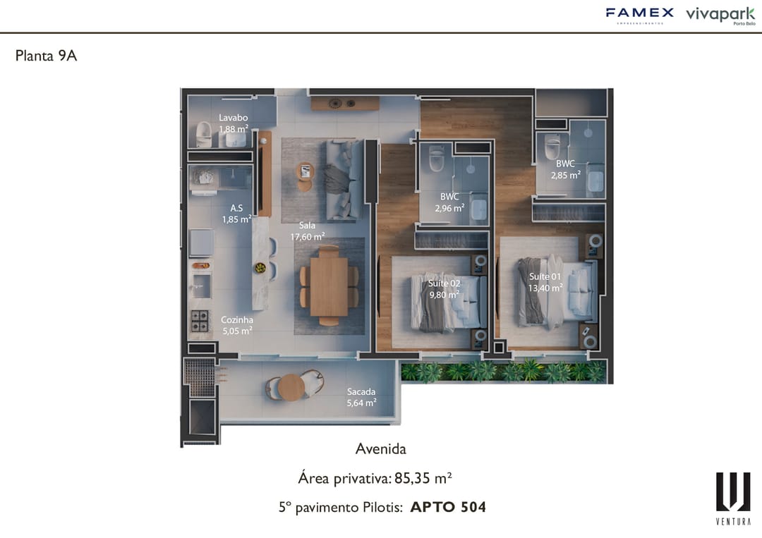 Planta 9A · Apto 504 (5º pav. pilotis) · 85,35 m² · Ventura · Vivapark Porto Belo