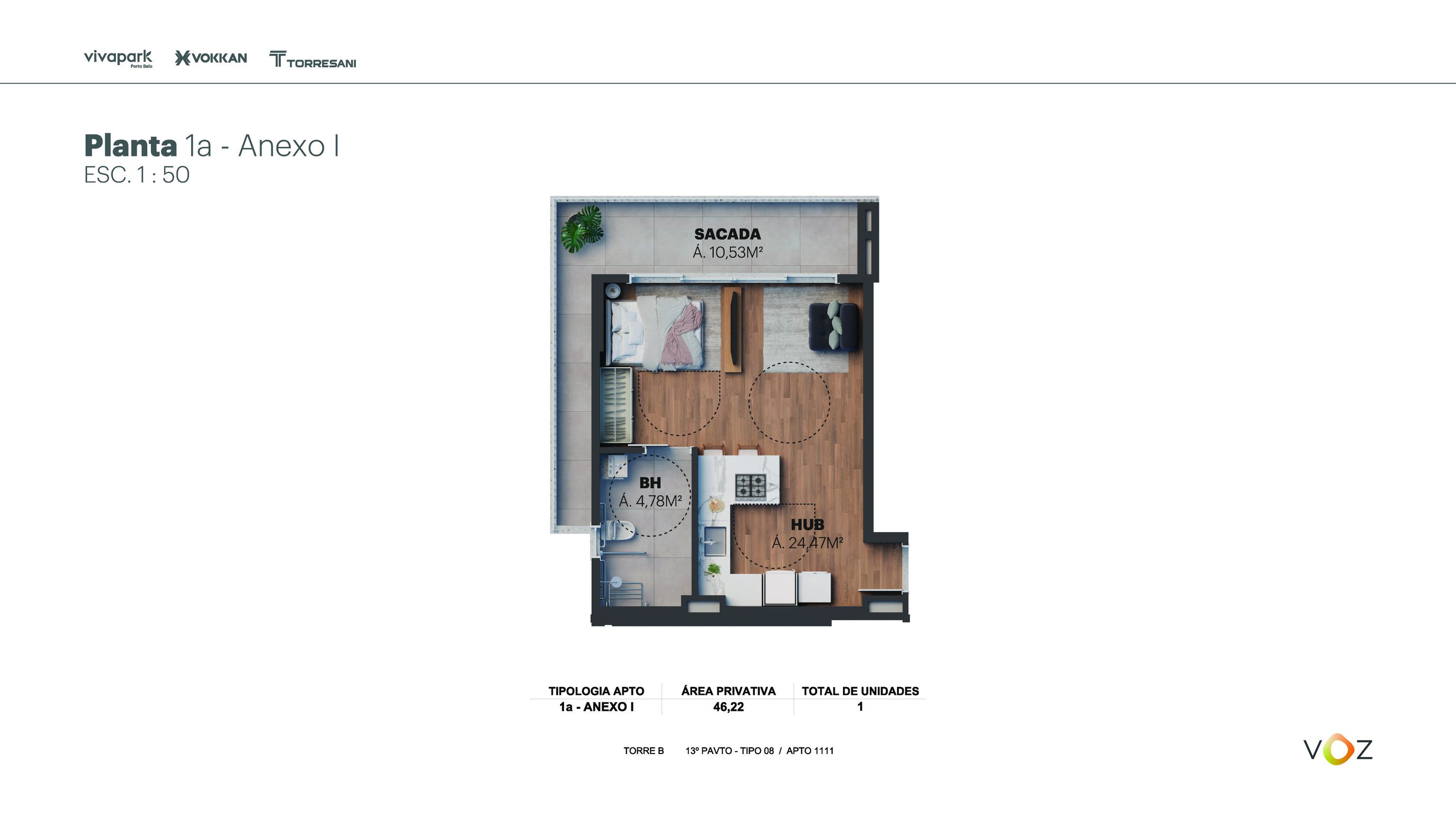 Planta 1a Anexo I · 46,22 m² · Torre B: 1111 · Voz · Vivapark Porto Belo