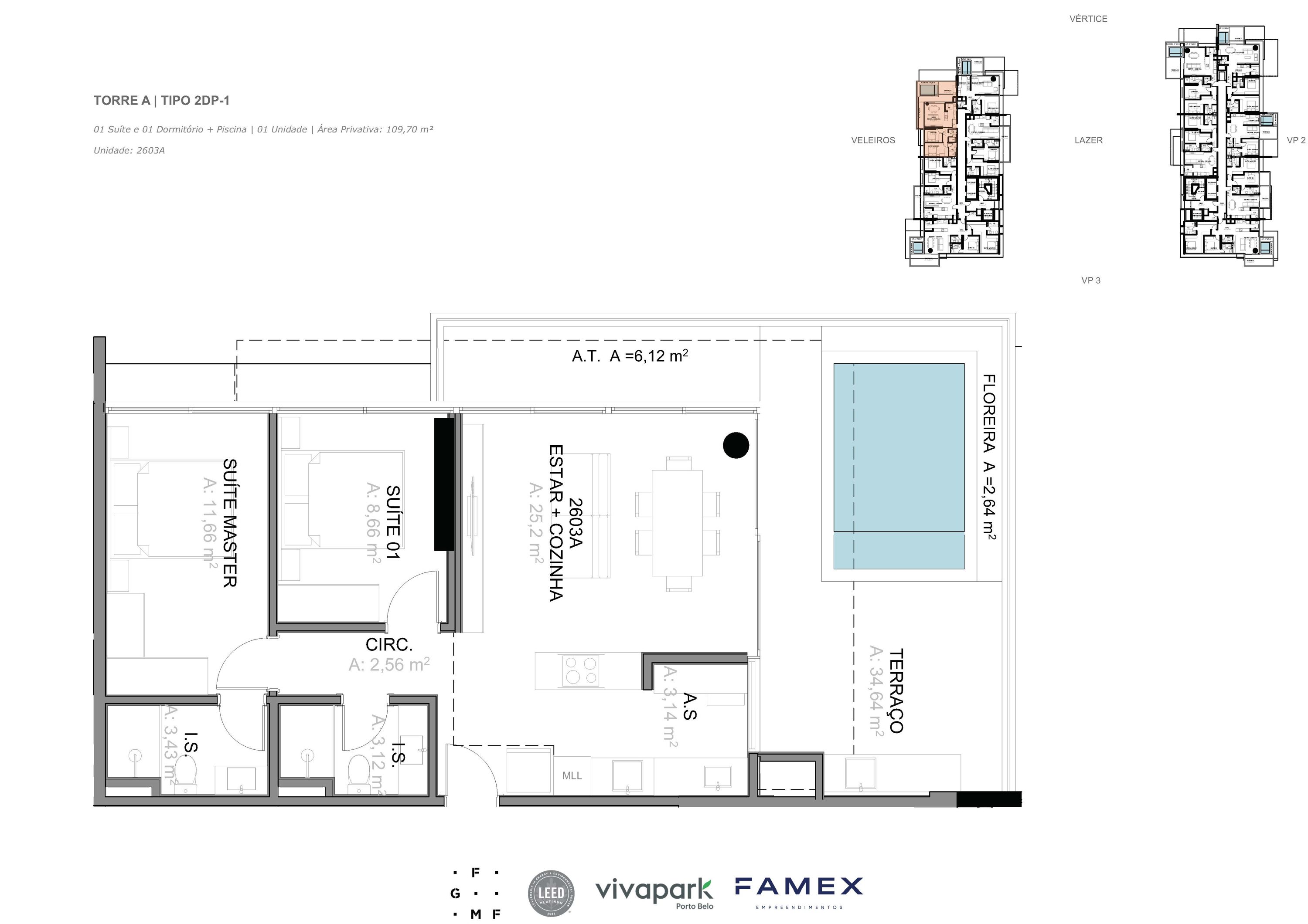 Torre A · Tipo 2DP-1 · 01 Suíte e 01 Dormitório + Piscina · 109,70 m² · VITTA 27 · Vivapark Porto Belo
