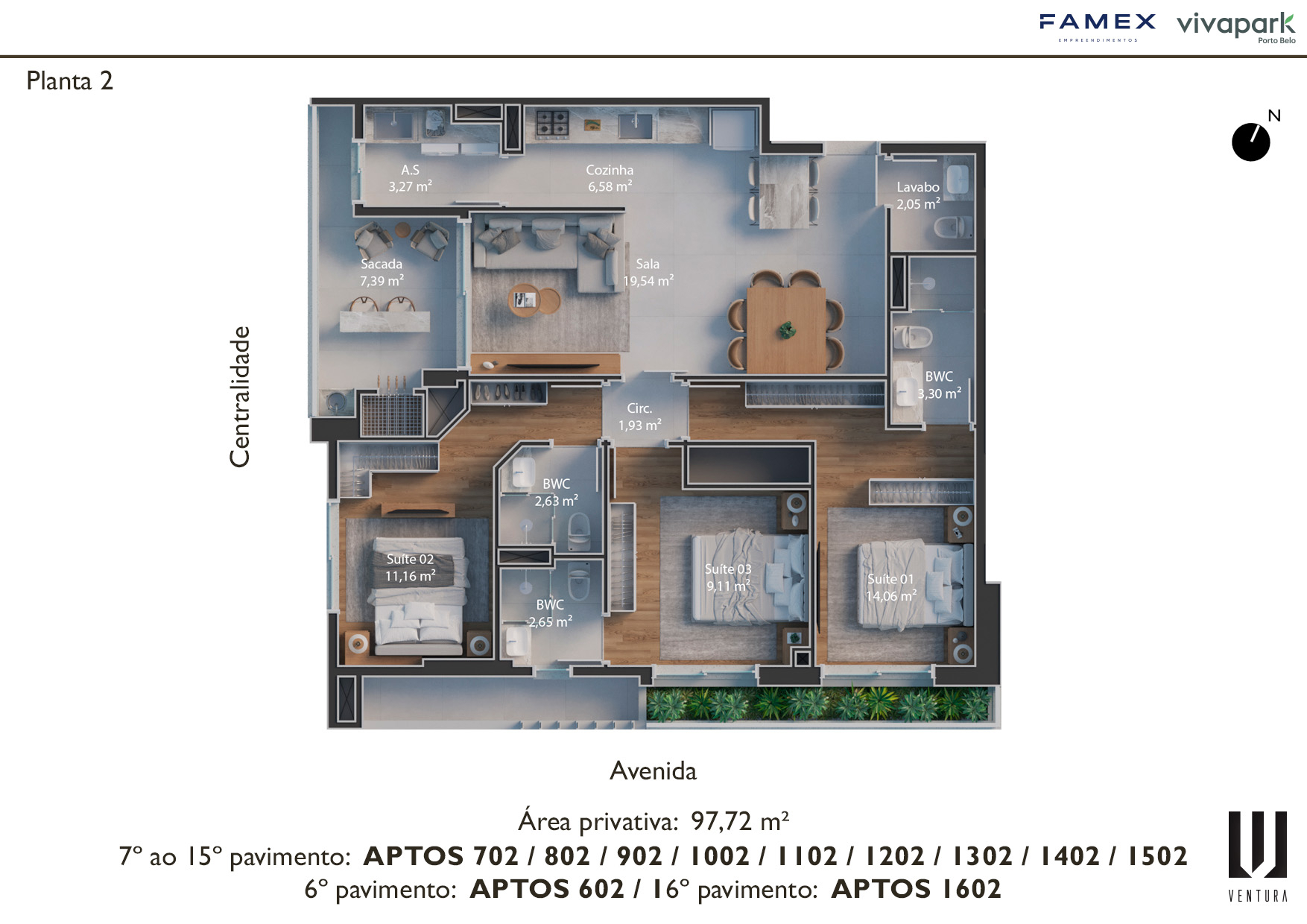 Floor plan 2 · unit endings 02 (602, 702 to 1502, 1602) · 97.72 m² · Ventura · Vivapark Porto Belo