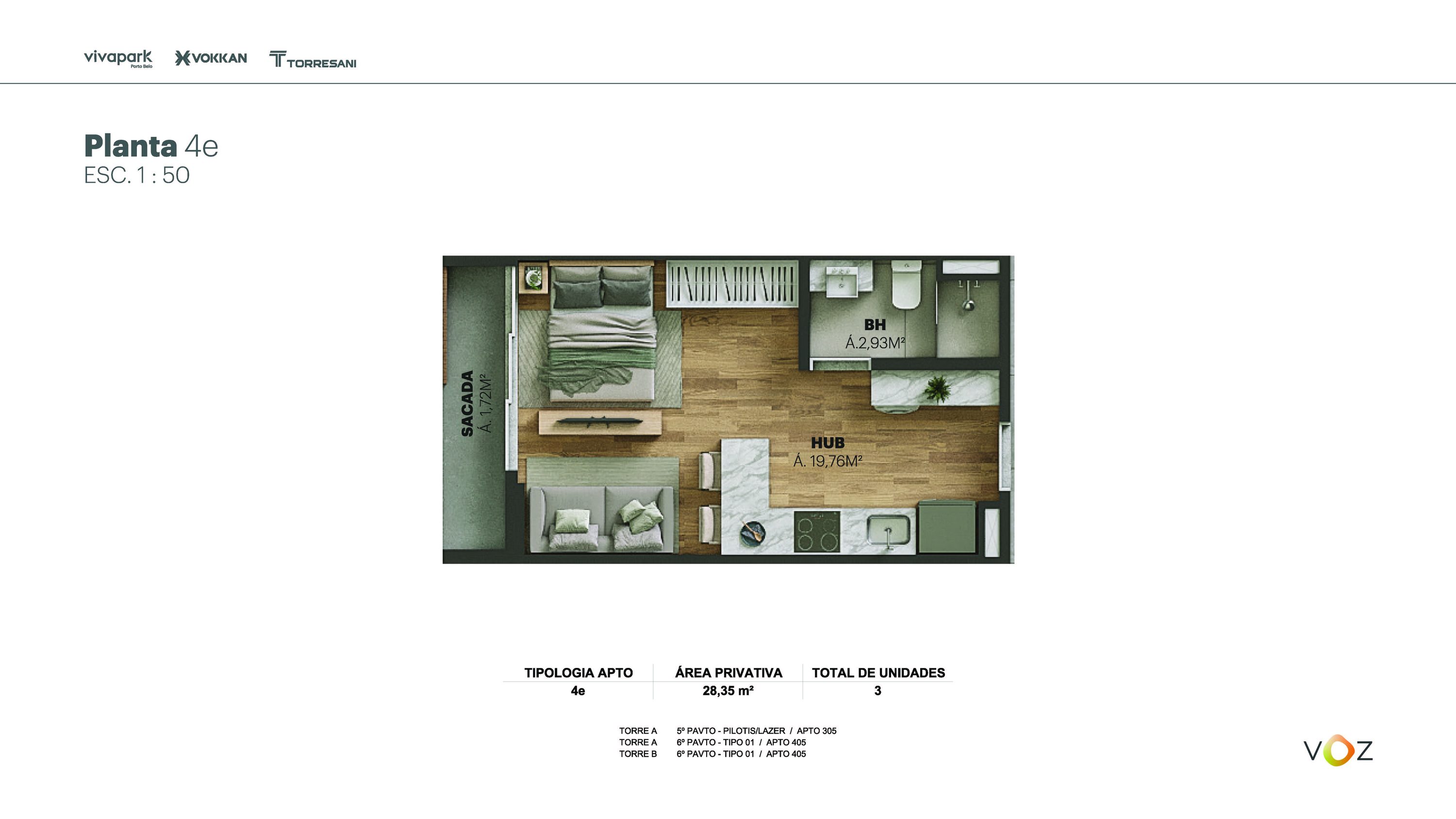 Planta 4e · 28,35 m² · A: 305, 405 · B: 405 · Voz · Vivapark Porto Belo