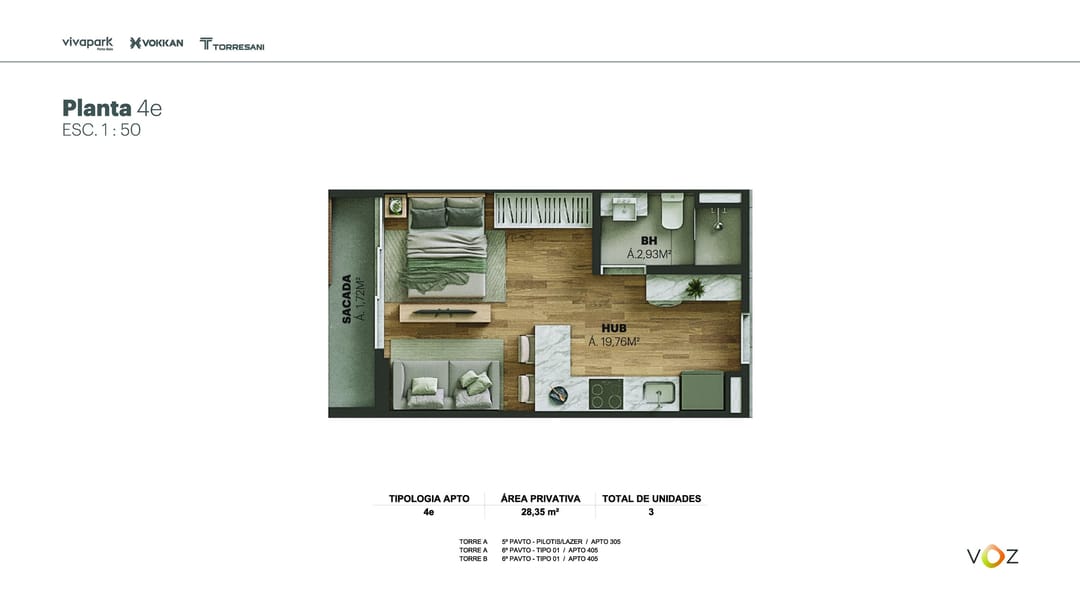 Planta 4e · 28,35 m² · A: 305, 405 · B: 405 · Voz · Vivapark Porto Belo