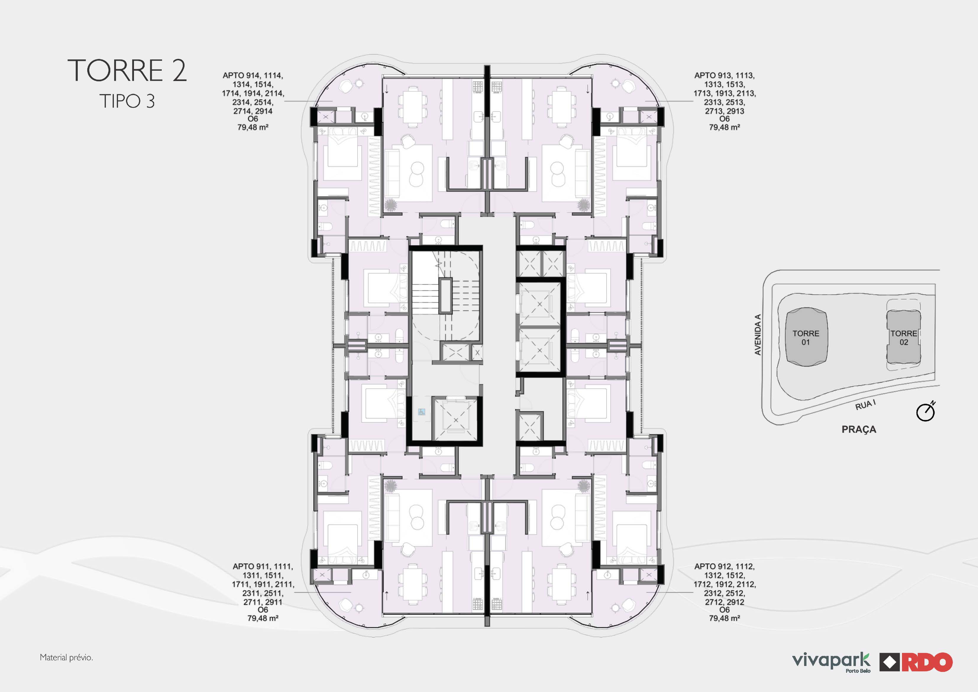 Torre 2 · Tipo 3 · visão geral do pavimento