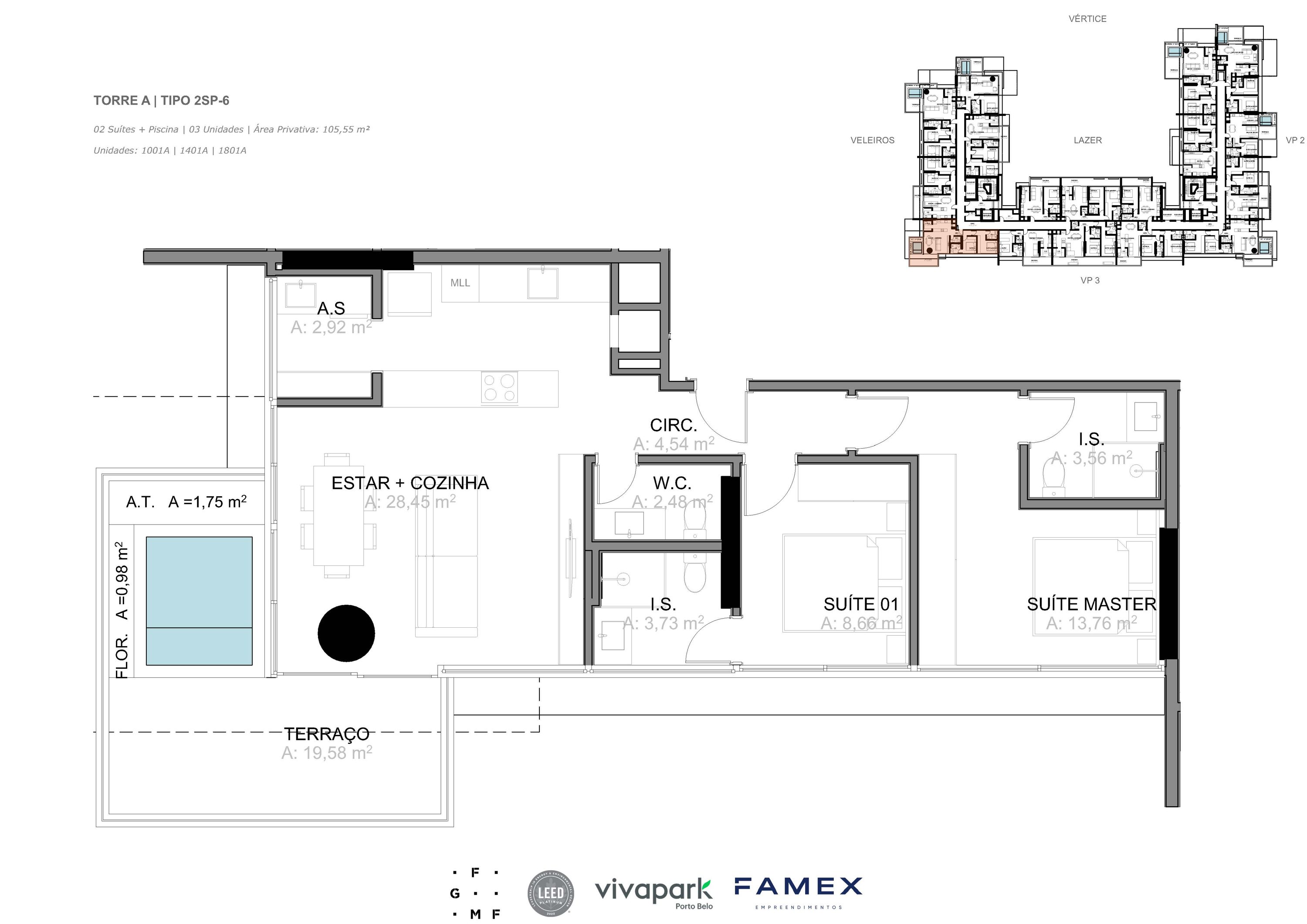 Torre A · Tipo 2SP-6 · 02 Suítes + Piscina · 105,55 m²