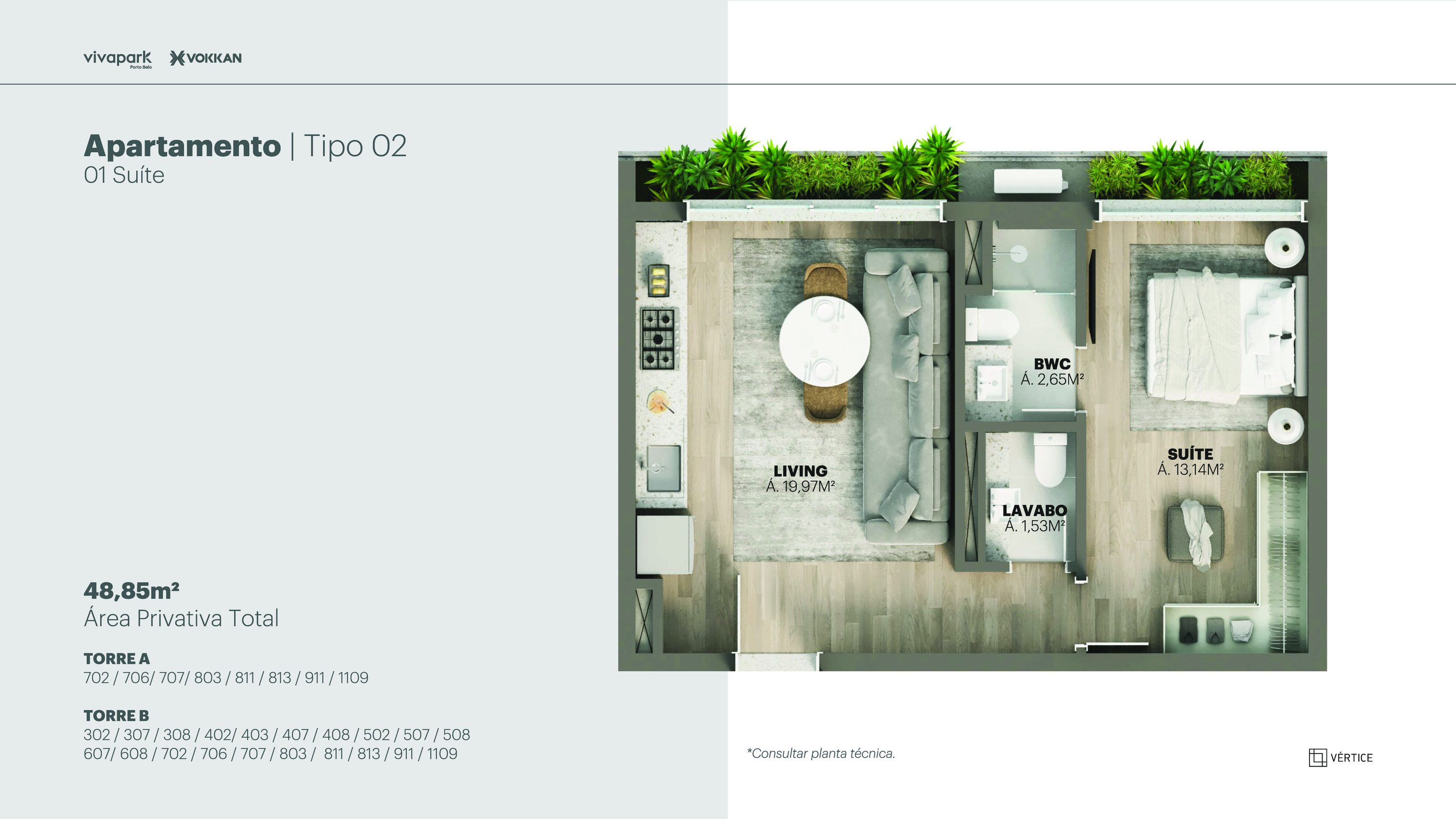 Planta da construtora · Tipo 02 · 1 suíte · 48,85 m² · Vértice · 27S · Vivapark Porto Belo