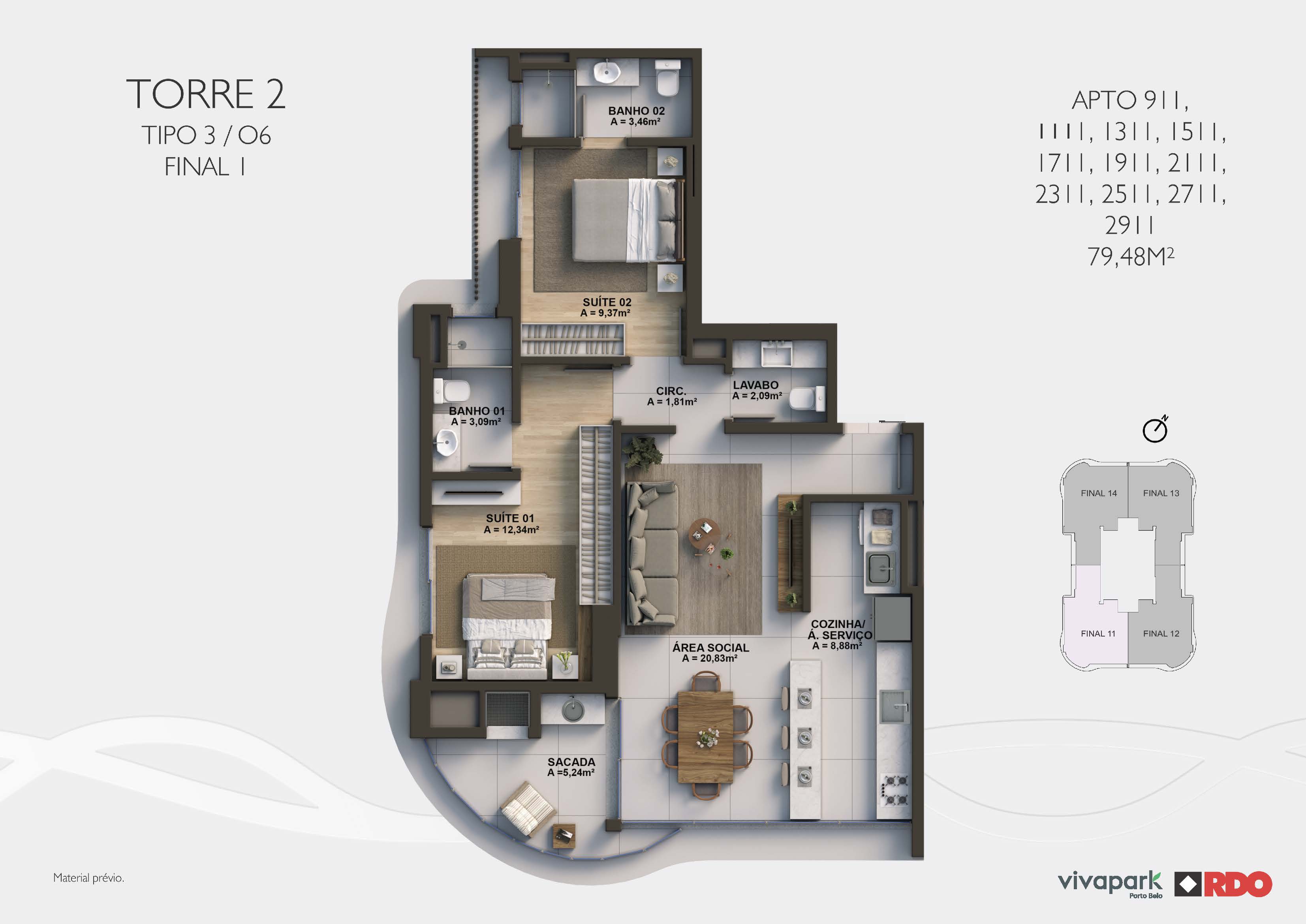 Tower 2 · Type 3 O6 · end 1 (odd floors) · Valence · Vivapark Porto Belo