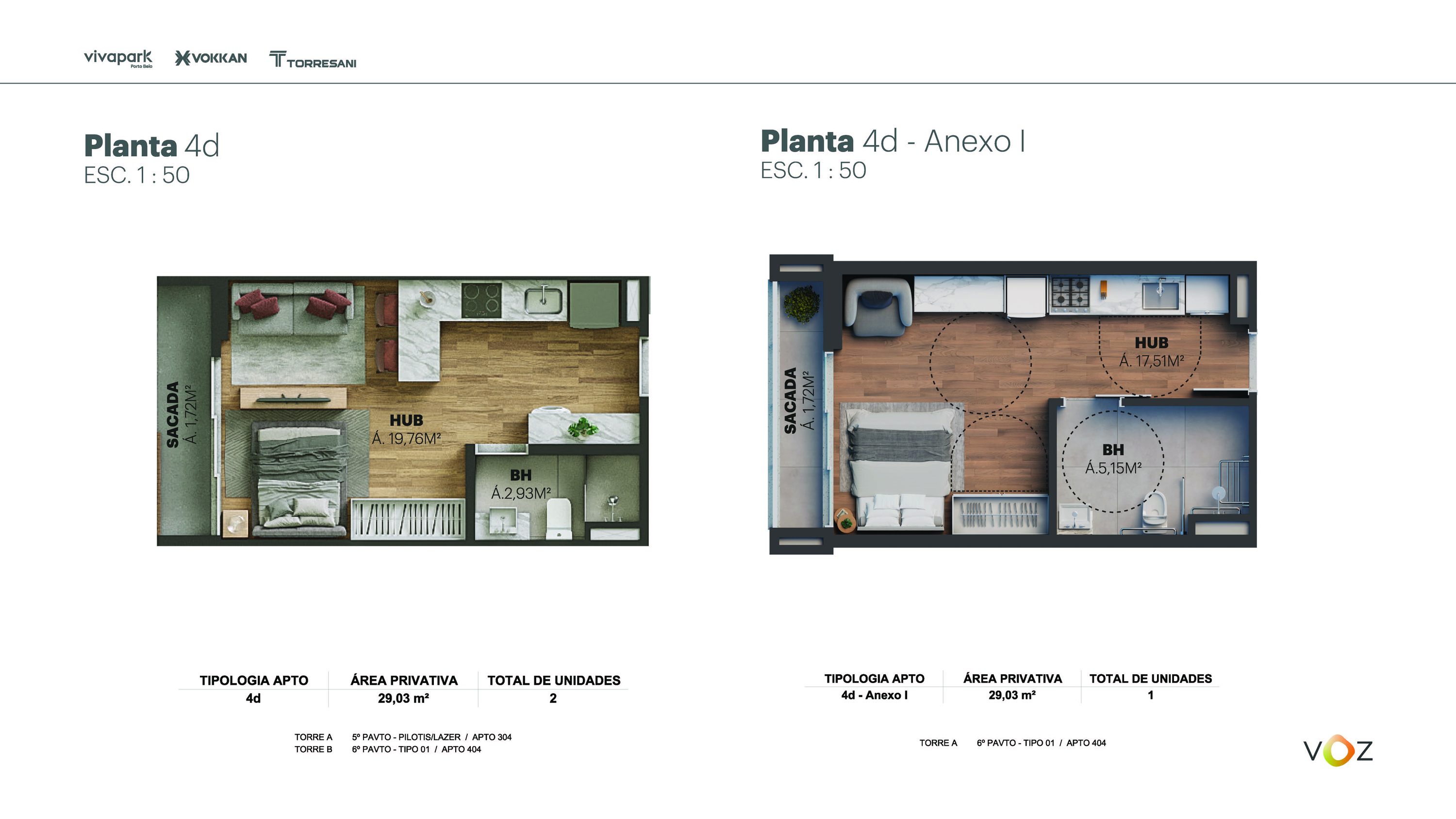 Plantas 4d e 4d Anexo I · 29,03 m² · A: 304, 404 · B: 404 · Voz · Vivapark Porto Belo