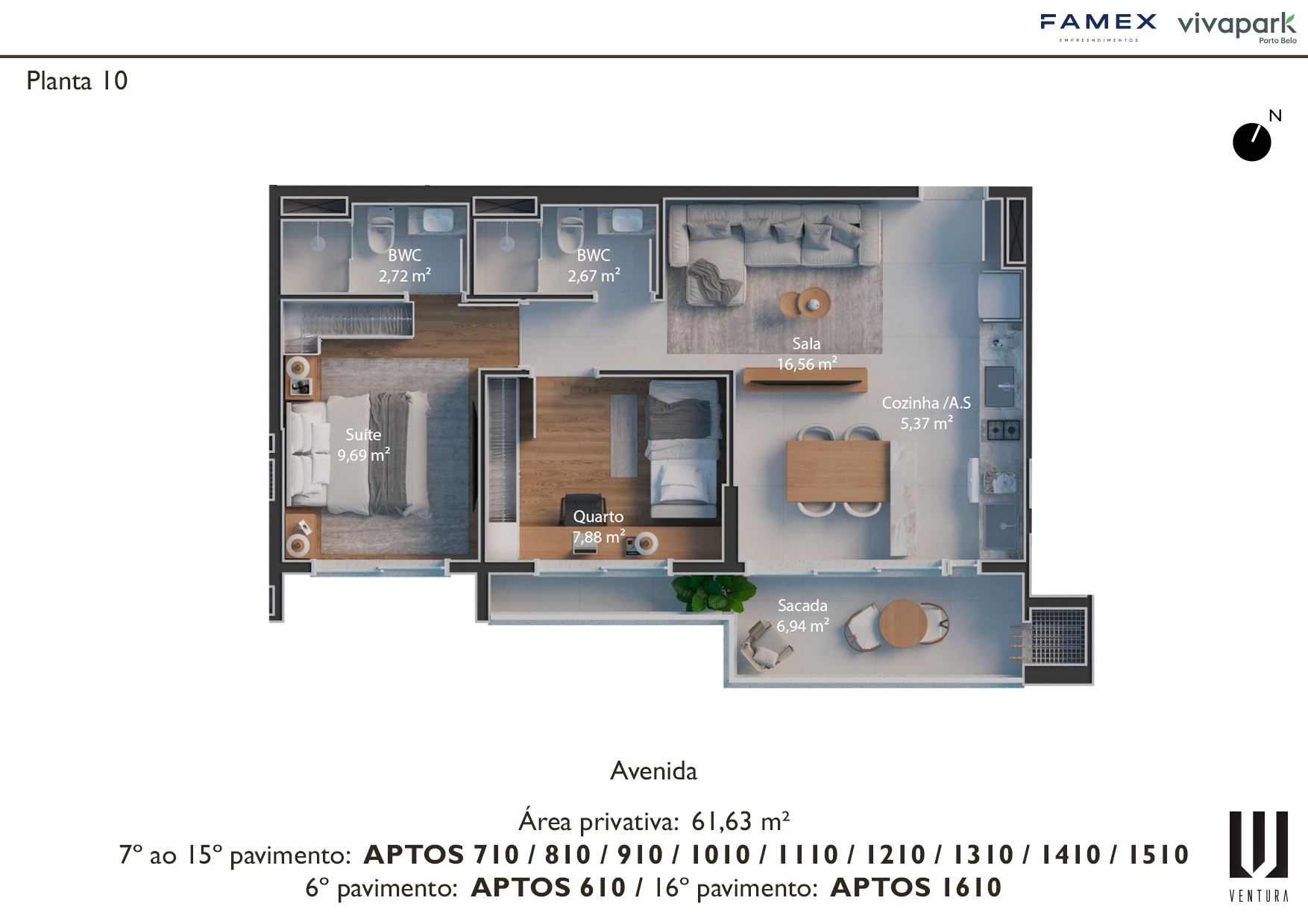 Floor plan 10 · unit endings 10 (610, 710 to 1510, 1610) · 61.63 m² · Ventura · Vivapark Porto Belo