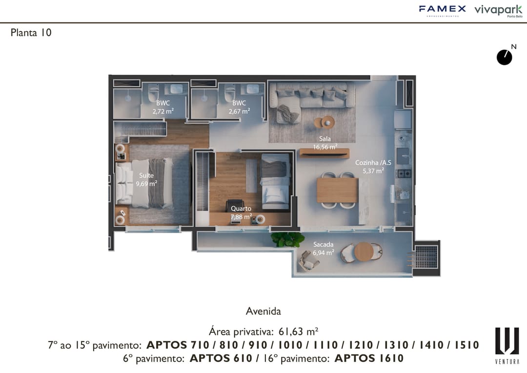 Planta 10 · finais 10 (610, 710 ao 1510, 1610) · 61,63 m² · Ventura · Vivapark Porto Belo