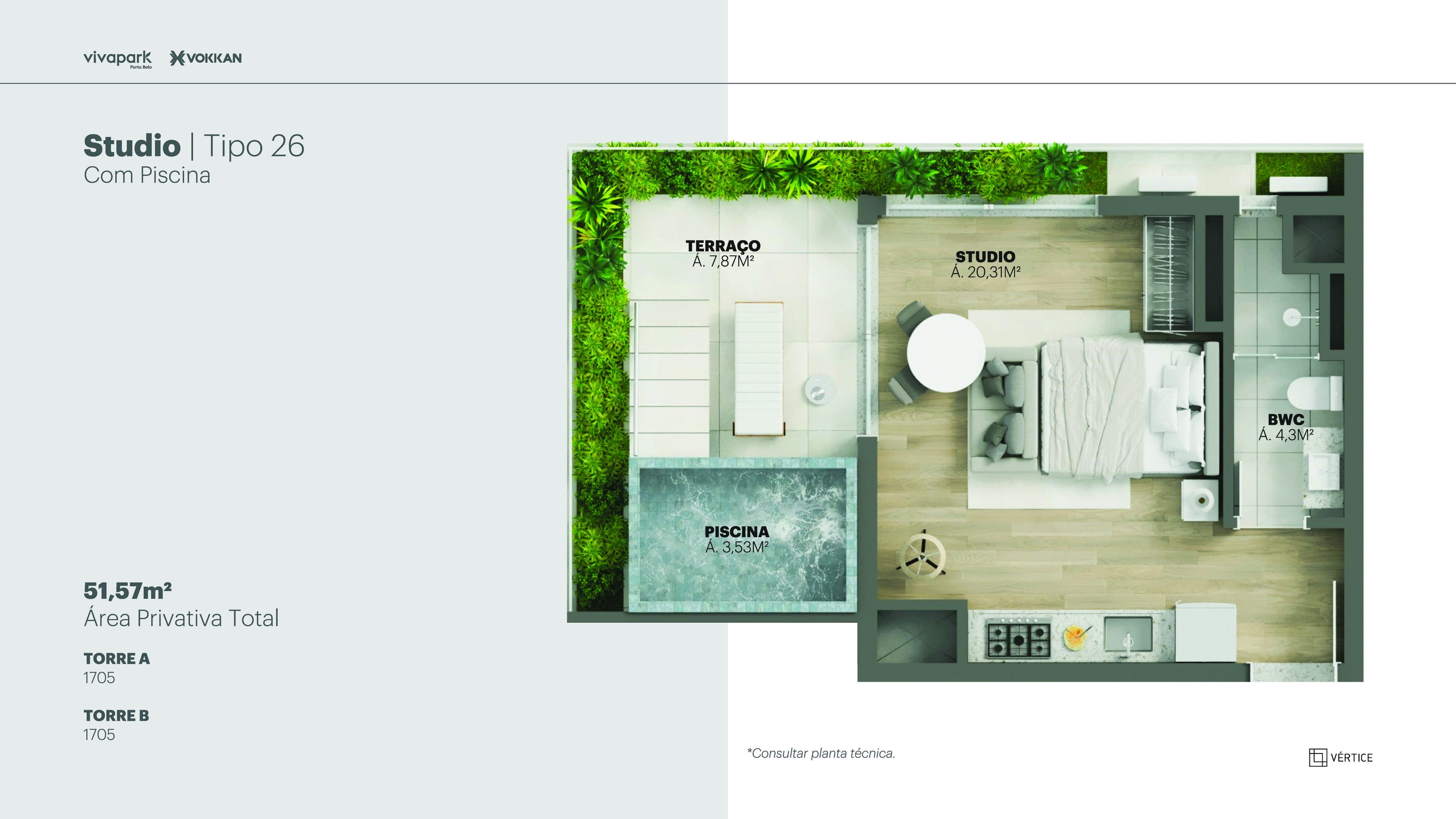 Tipo 26 · Studio c/ piscina · 51,57 m² · A e B: 1705 · Vértice · Vivapark Porto Belo
