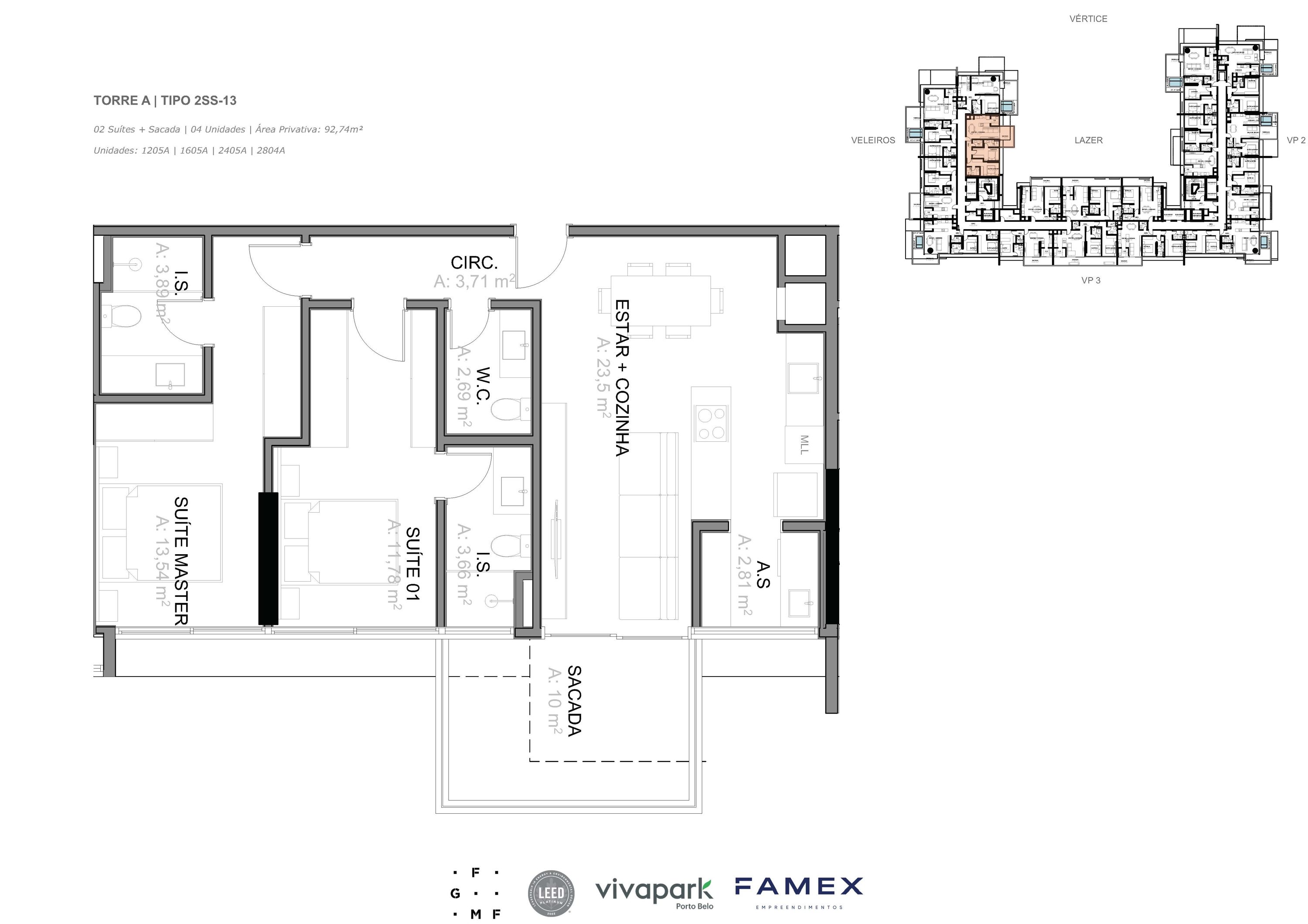Torre A · Tipo 2SS-13 · 02 Suítes + Sacada · 92,74 m² · VITTA 27 · Vivapark Porto Belo