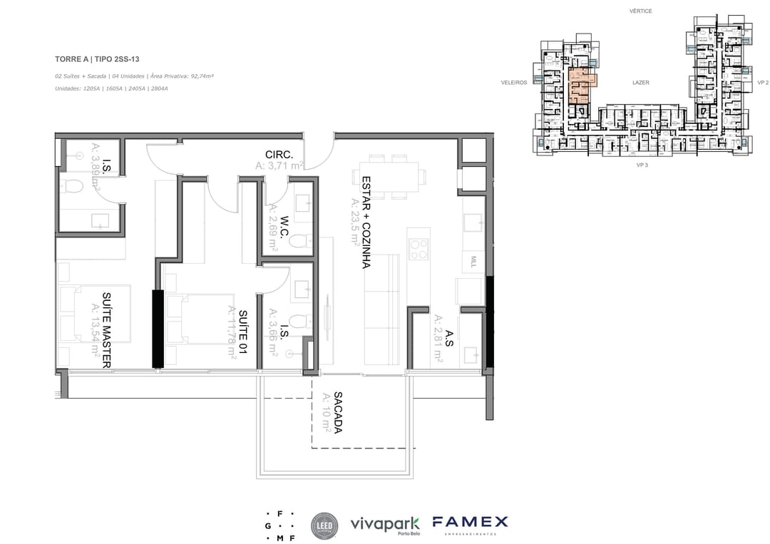 Torre A · Tipo 2SS-13 · 02 Suítes + Sacada · 92,74 m² · VITTA 27 · Vivapark Porto Belo