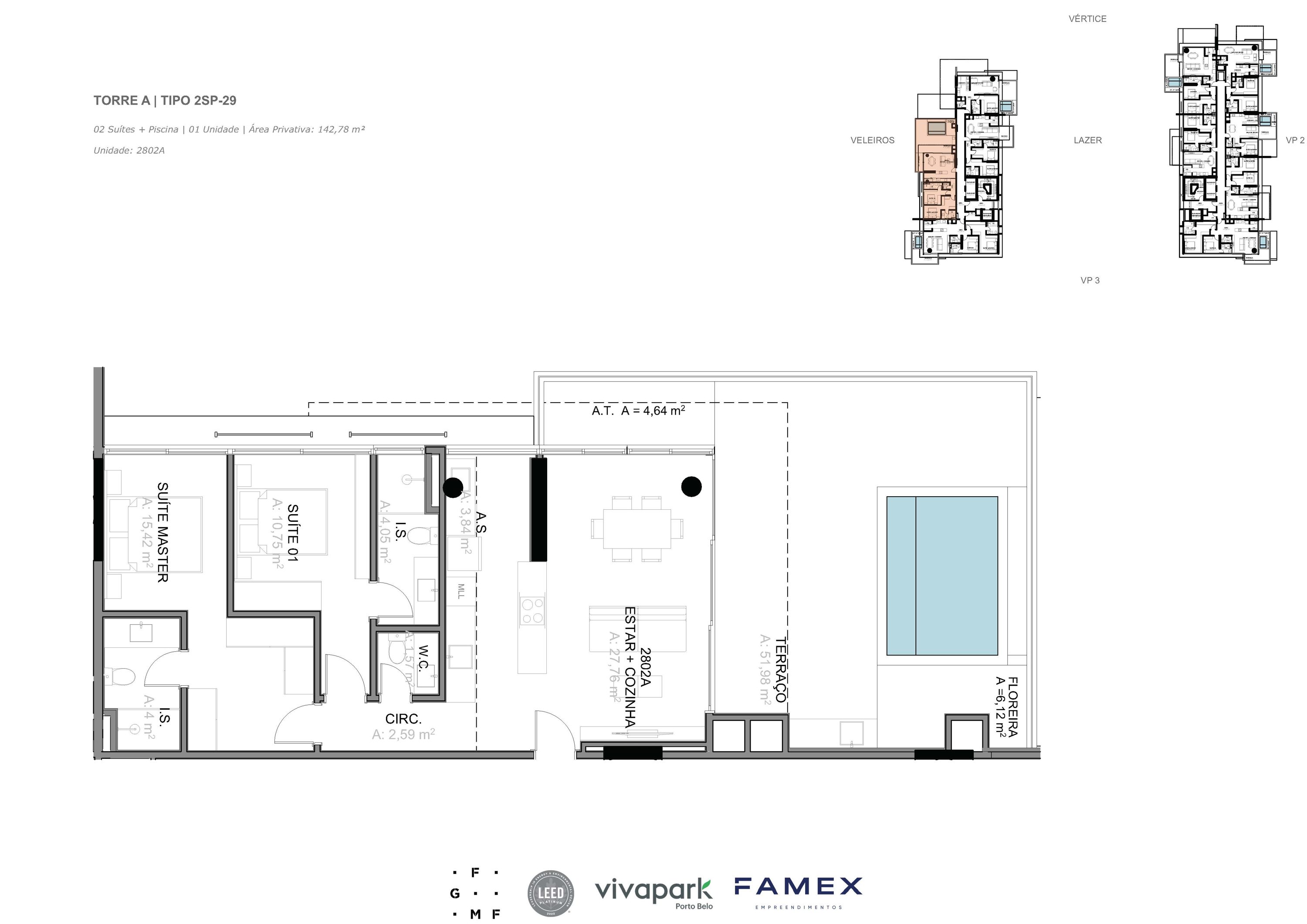 Torre A · Tipo 2SP-29 · 02 Suítes + Piscina · 142,78 m²