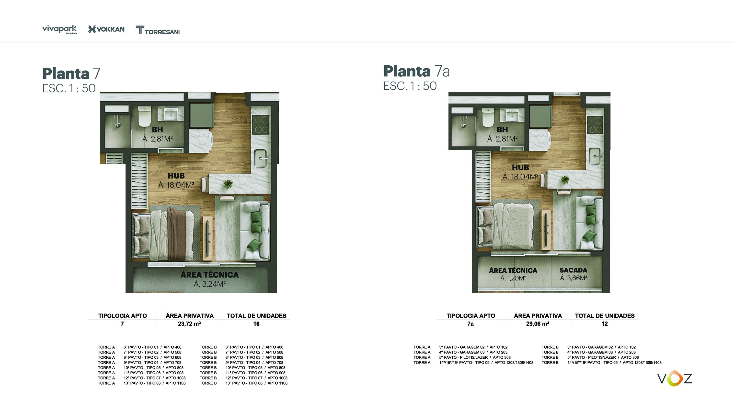 Plantas 7 e 7a · 23,72 / 29,06 m² · A e B: 408 ao 1108 · A e B: 102, 203, 308, 1208, 1308, 1408 · Voz · Vivapark Porto Belo