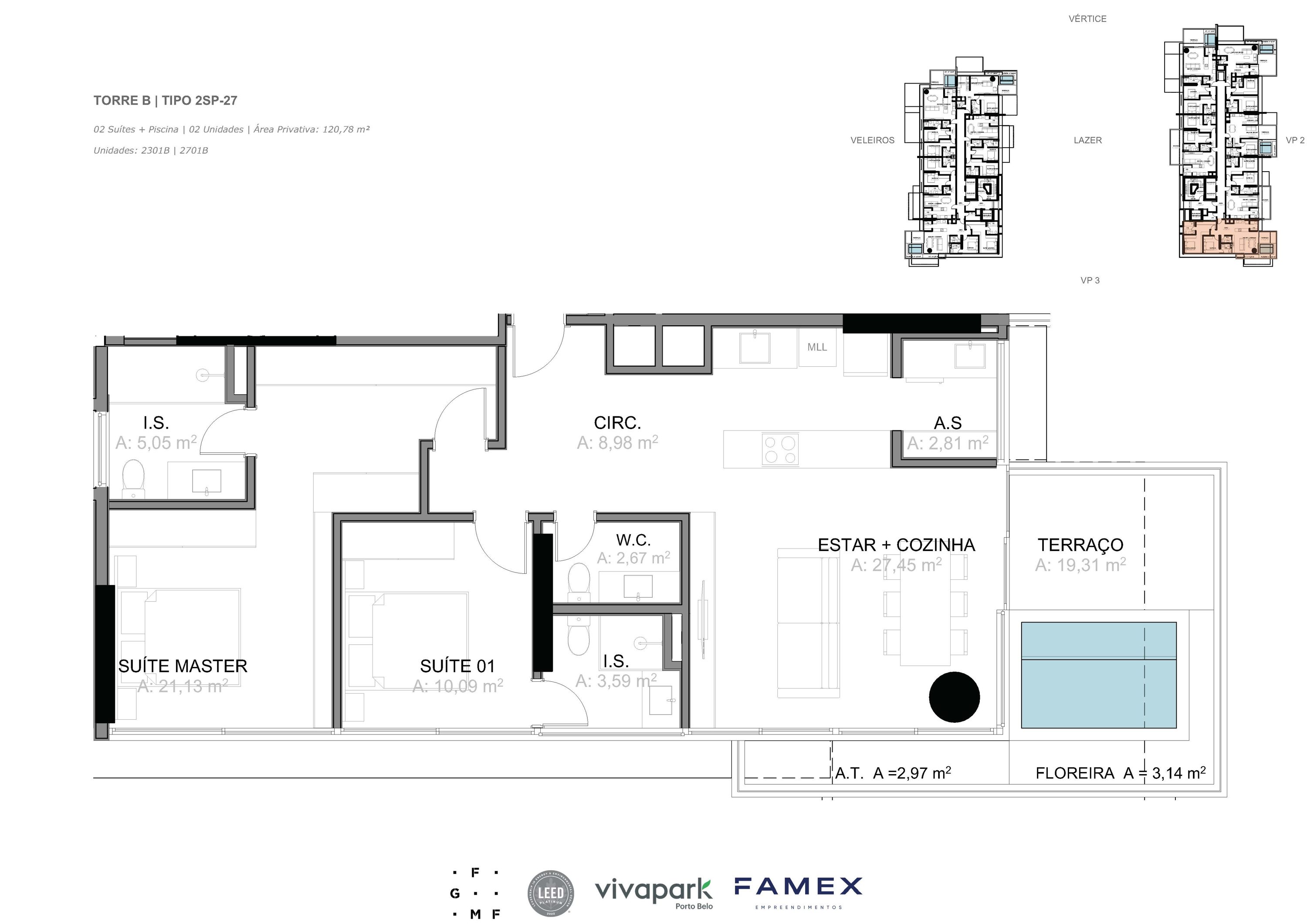 Torre B · Tipo 2SP-27 · 02 Suítes + Piscina · 120,78 m² · VITTA 27 · Vivapark Porto Belo