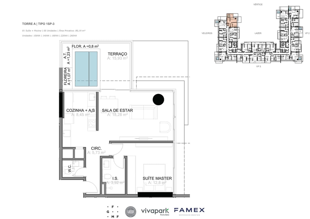 Torre A · Tipo 1SP-3 · 01 Suíte + Piscina · 80,19 m² · VITTA 27 · Vivapark Porto Belo
