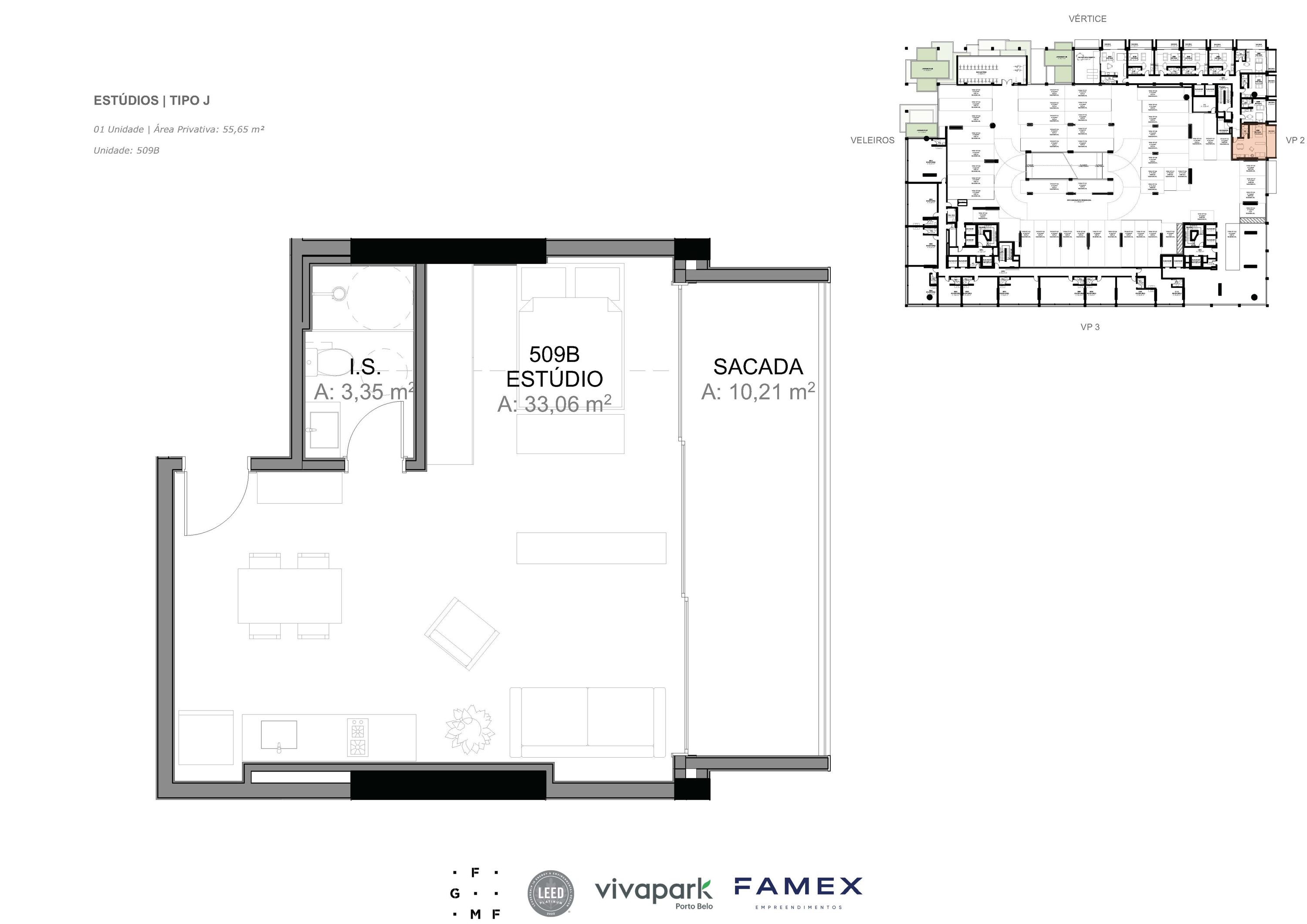Estúdio · Tipo J · 55,65 m²