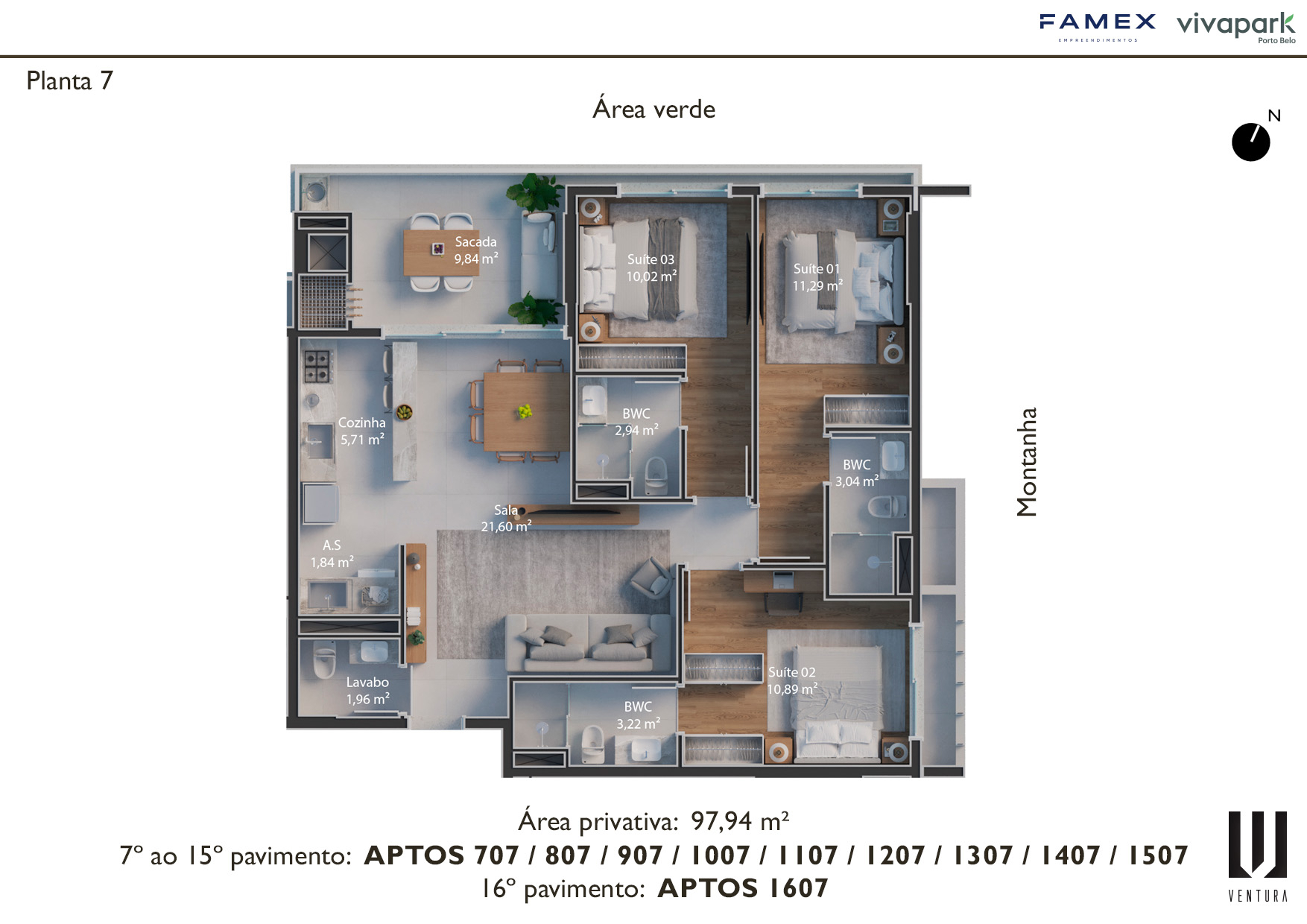 Planta 7 · finais 07 (707 ao 1507, 1607) · 97,94 m²