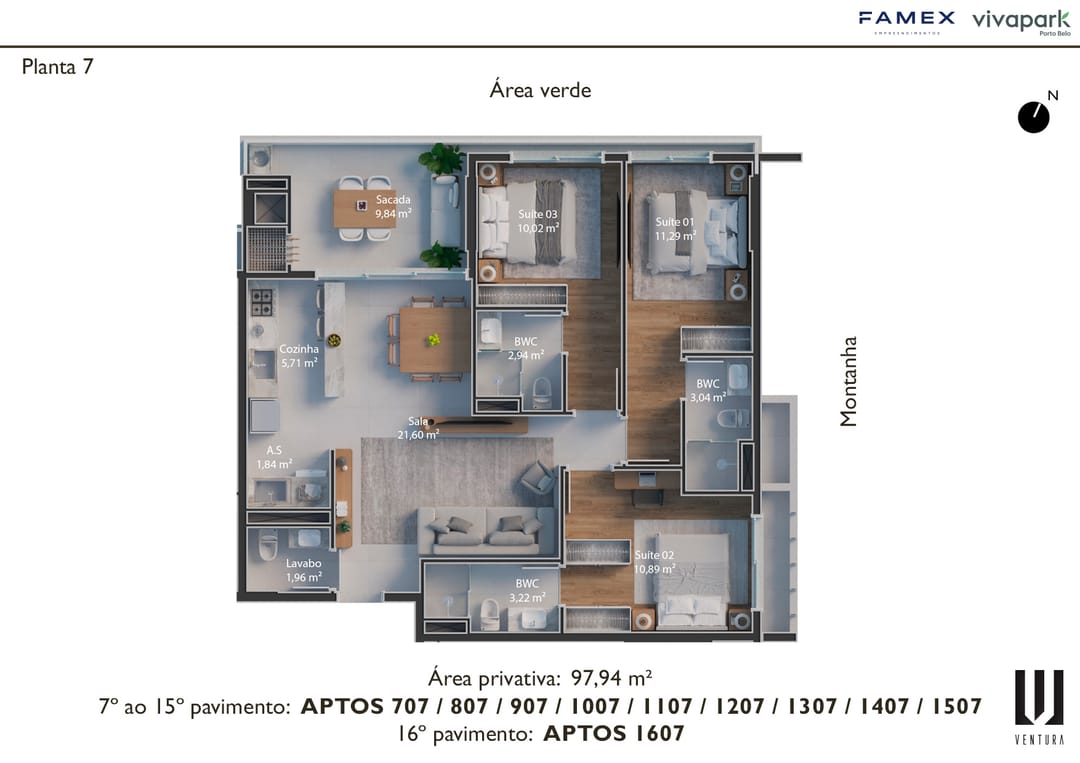 Planta 7 · finais 07 (707 ao 1507, 1607) · 97,94 m² · Ventura · Vivapark Porto Belo