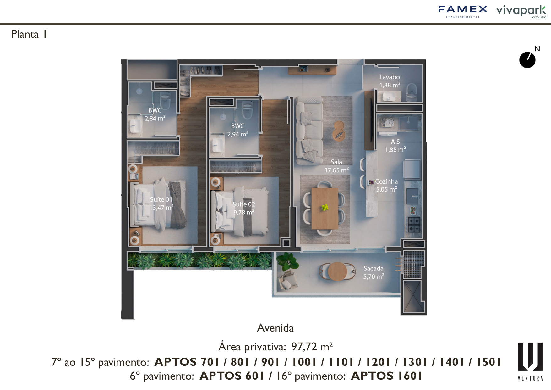 Planta 1 · finais 01 (601, 701 ao 1501, 1601) · 97,72 m²