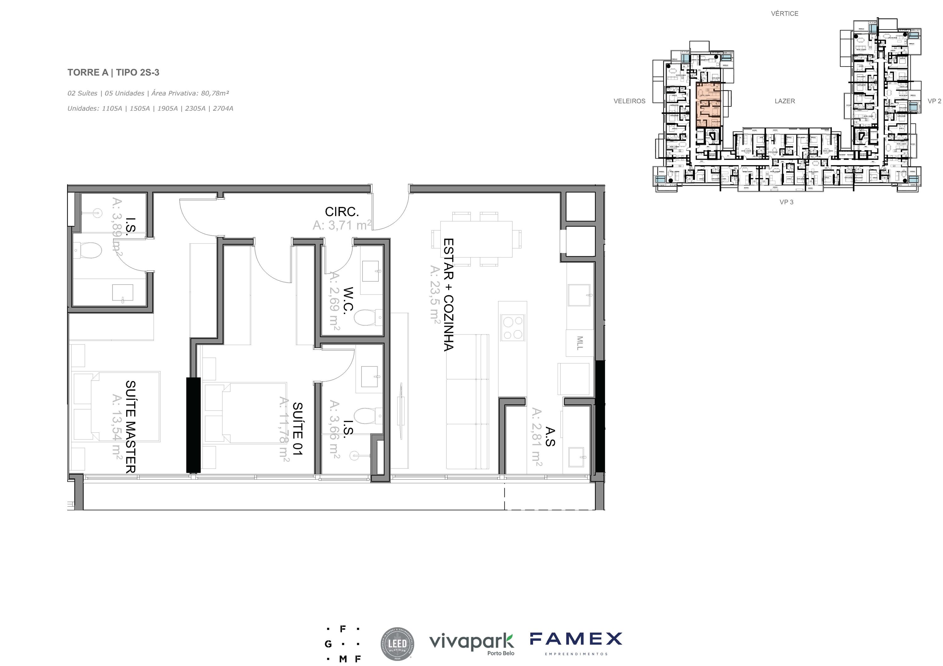Torre A · Tipo 2S-3 · 02 Suítes · 80,78 m² · VITTA 27 · Vivapark Porto Belo