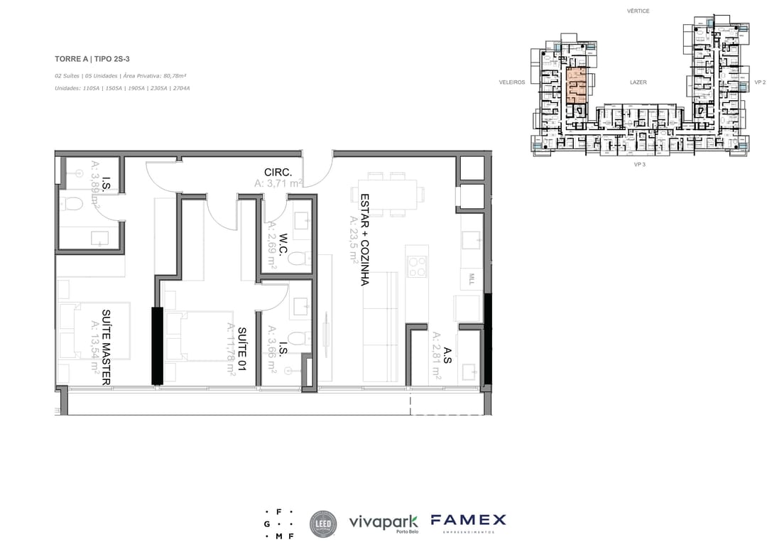 Torre A · Tipo 2S-3 · 02 Suítes · 80,78 m² · VITTA 27 · Vivapark Porto Belo